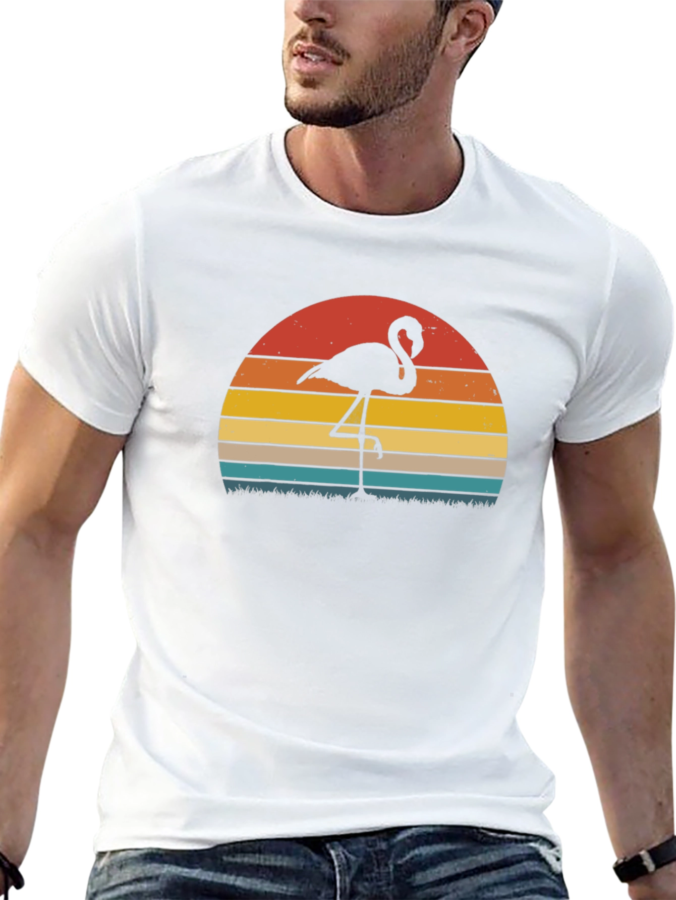 Retro Flamingo Sunset Graphic Tee - Black Cotton Blend