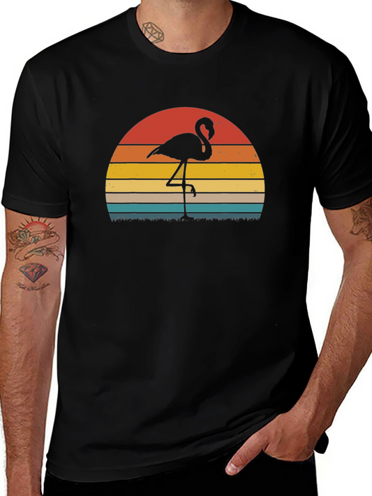 Retro Flamingo Sunset Graphic Tee - Black Cotton Blend