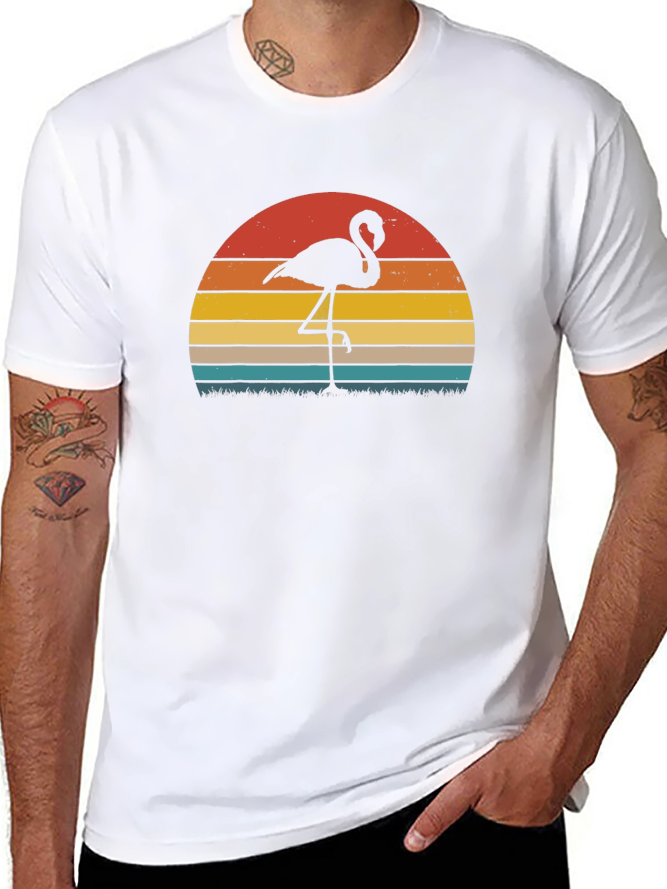 Retro Flamingo Sunset Graphic Tee - Black Cotton Blend