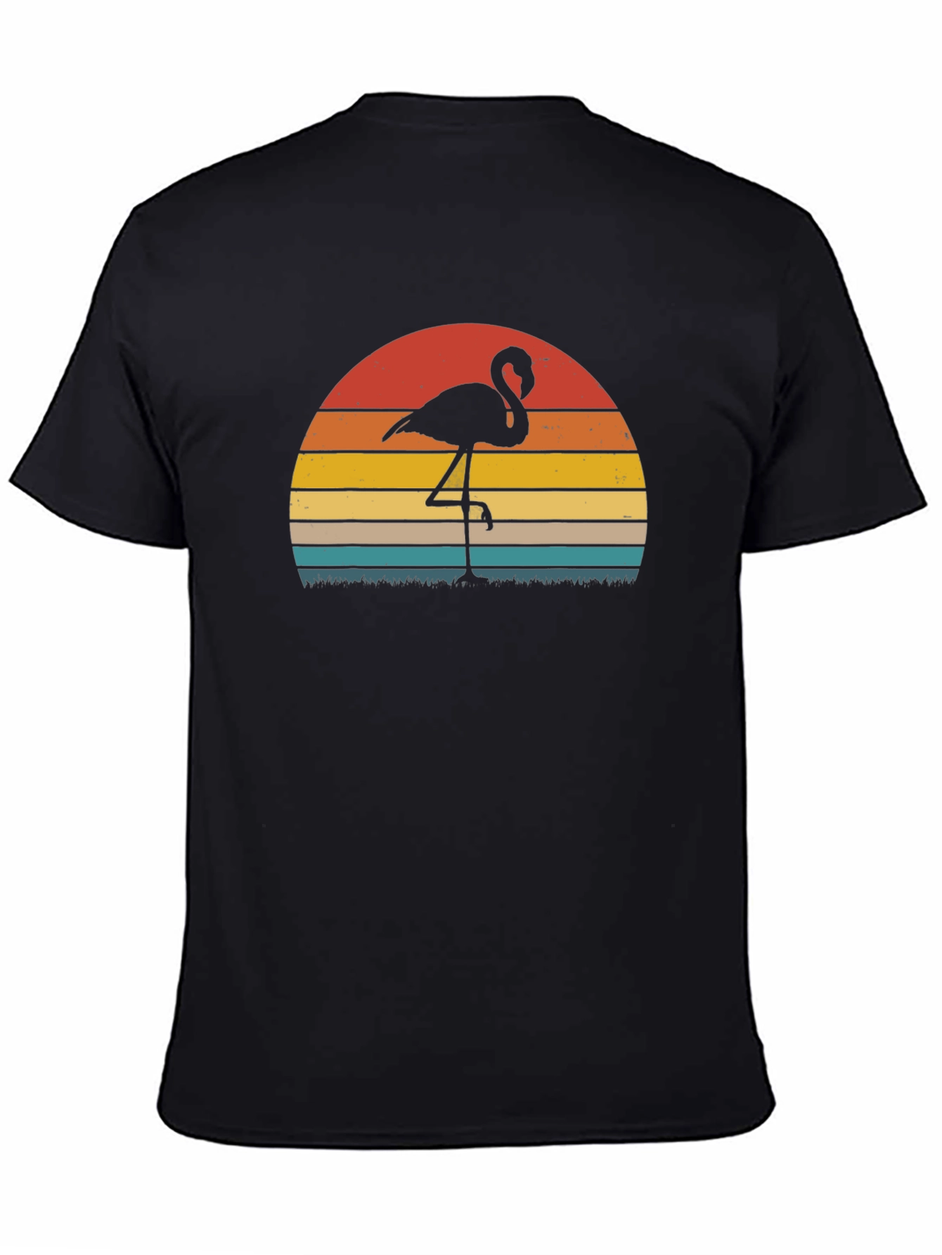 Retro Flamingo Sunset Graphic Tee - Black Cotton Blend