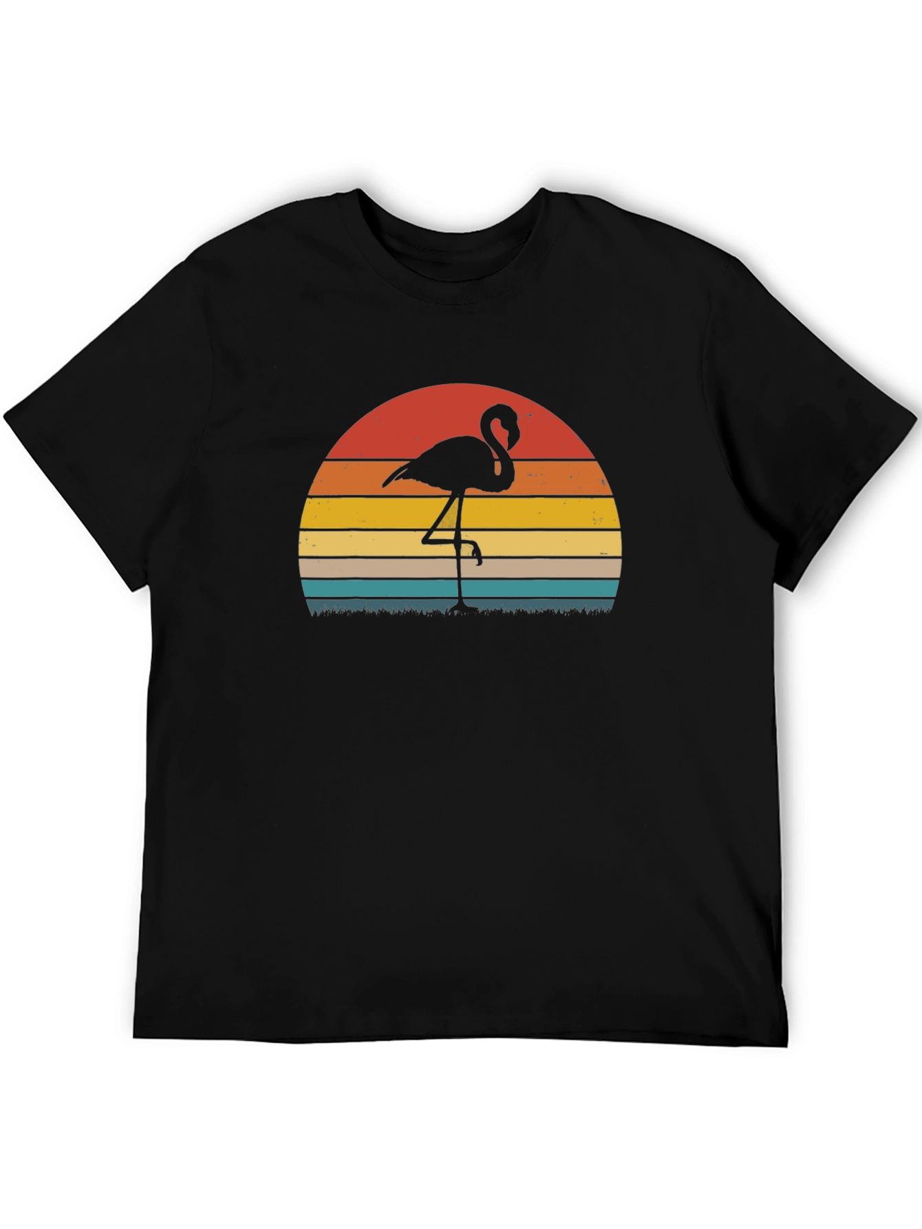 Retro Flamingo Sunset Graphic Tee - Black Cotton Blend