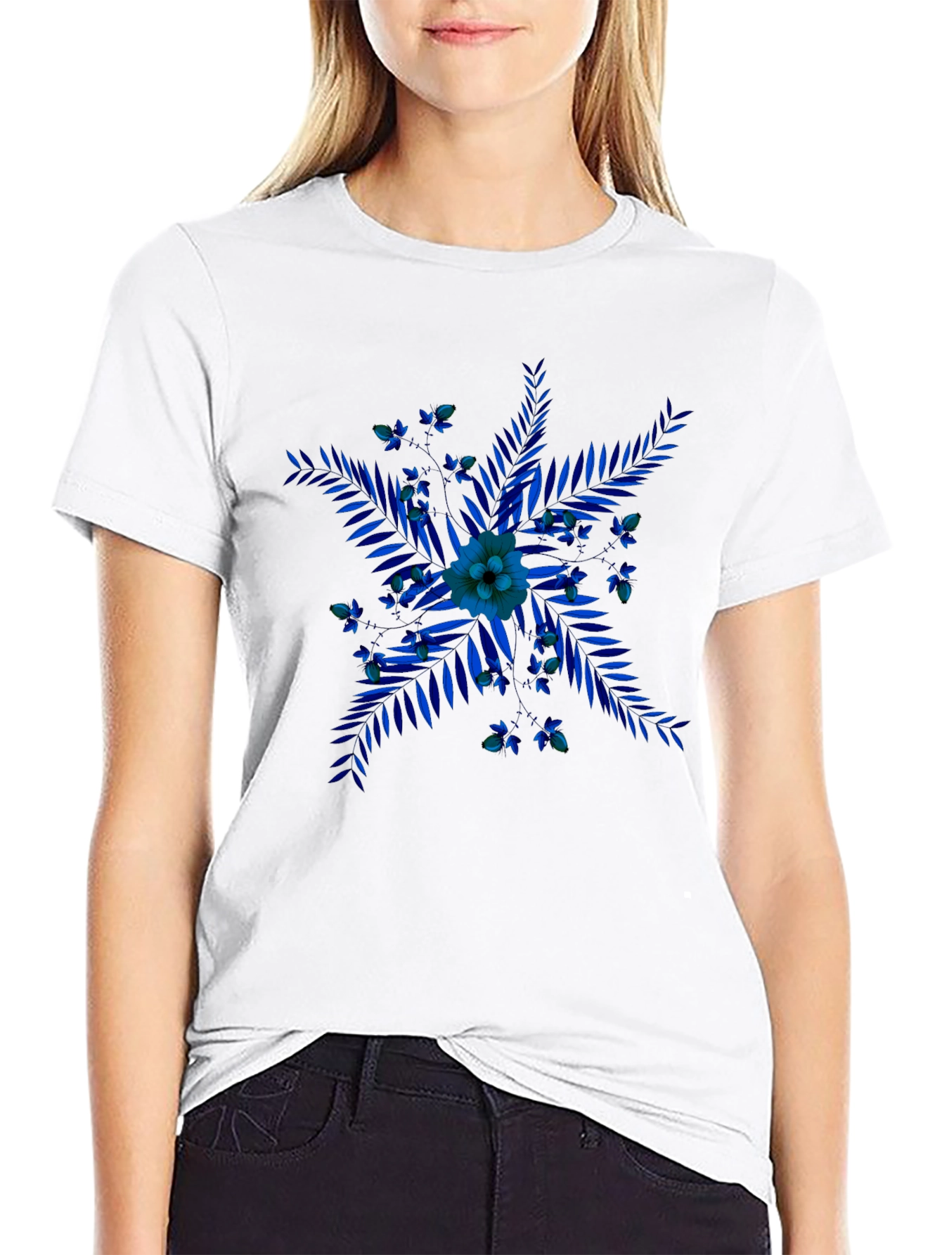 Blue Floral Print Black T-Shirt