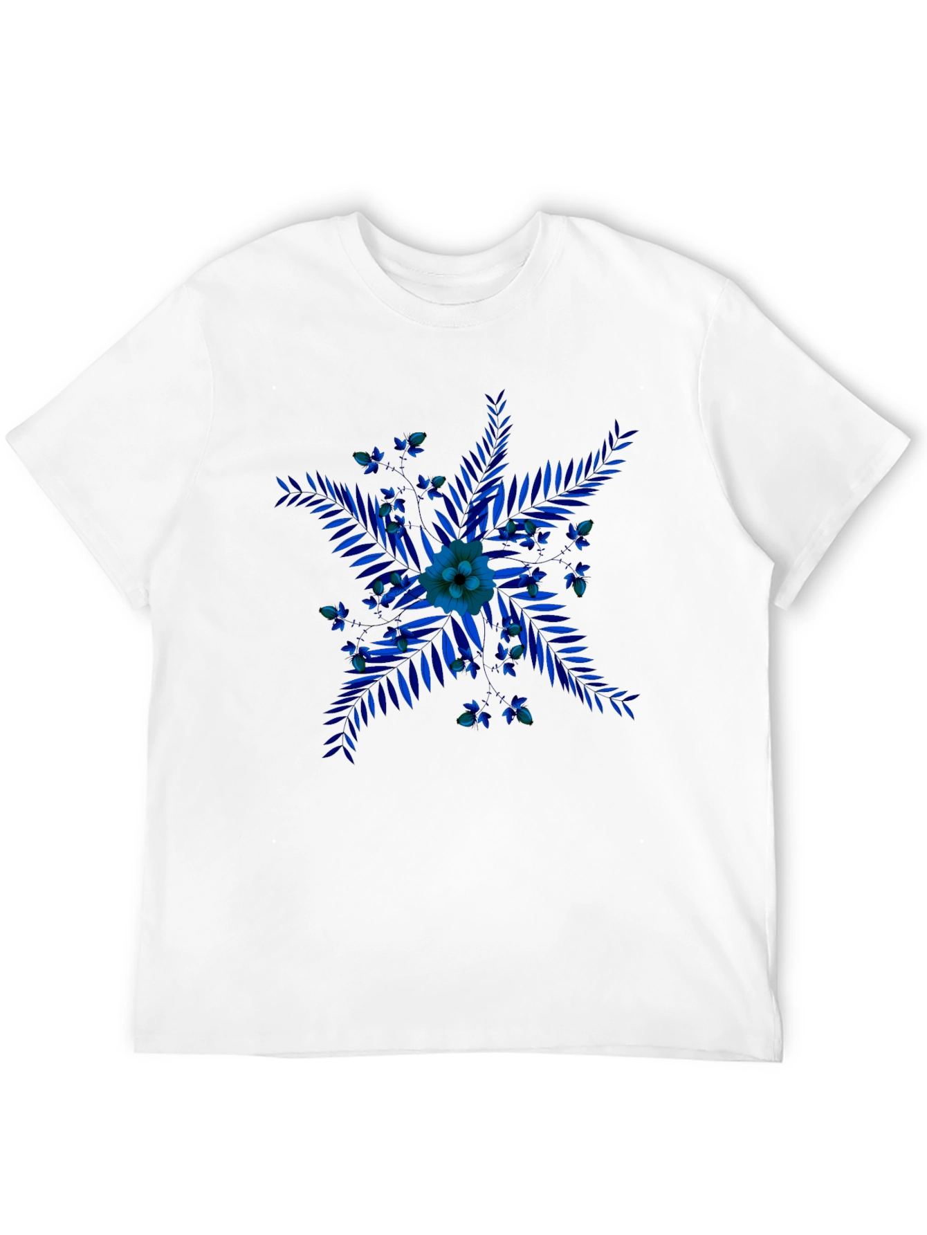 Blue Floral Print Black T-Shirt