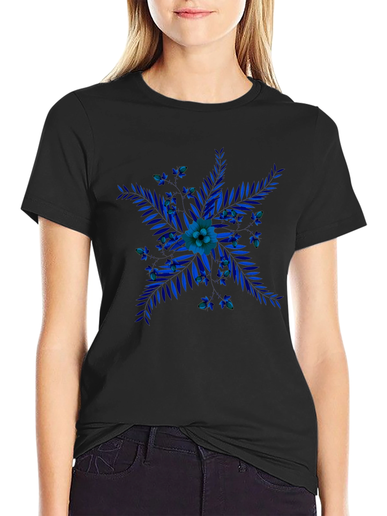 Blue Floral Print Black T-Shirt