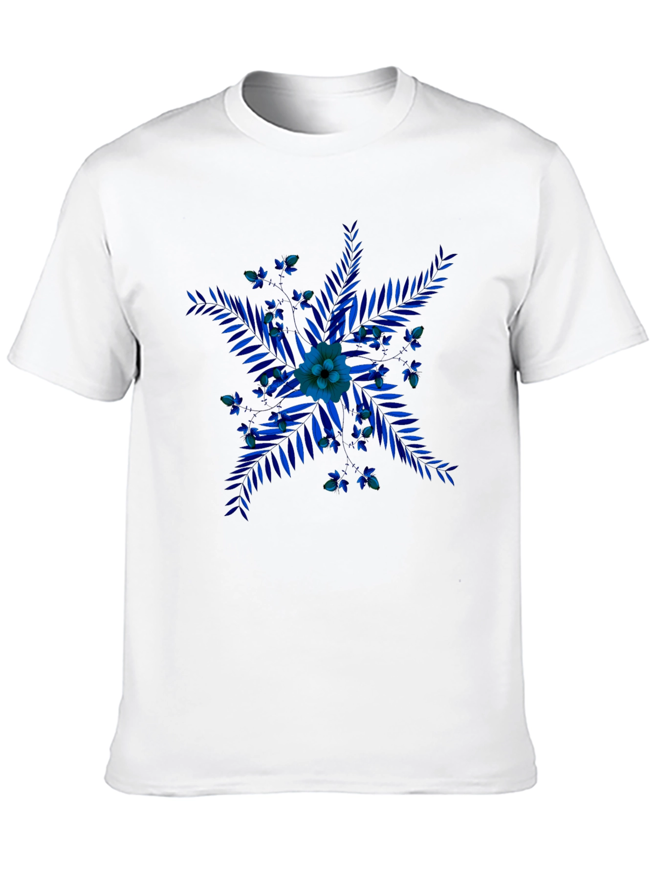 Blue Floral Print Black T-Shirt
