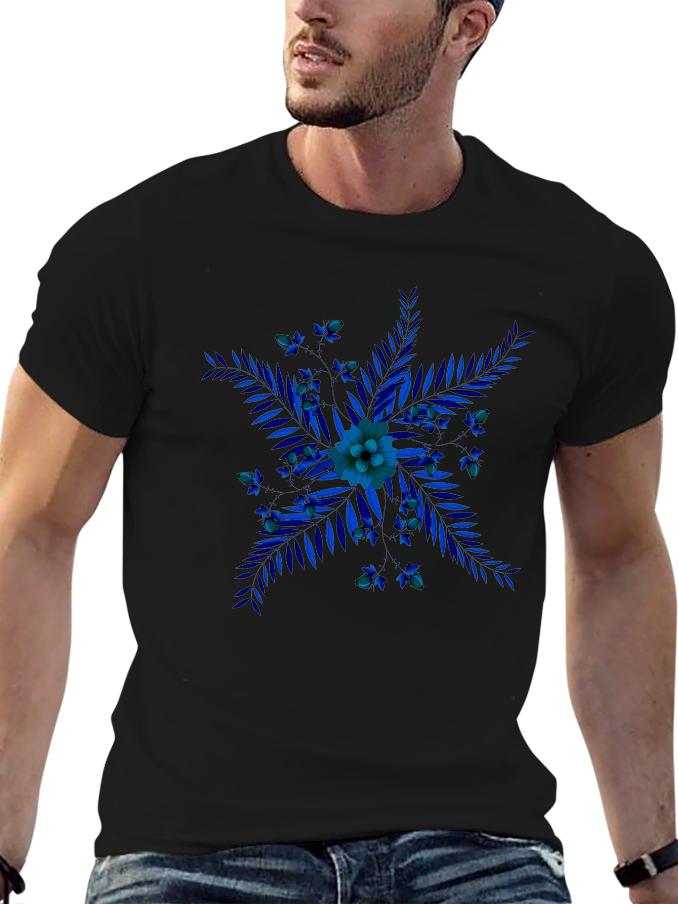 Blue Floral Print Black T-Shirt