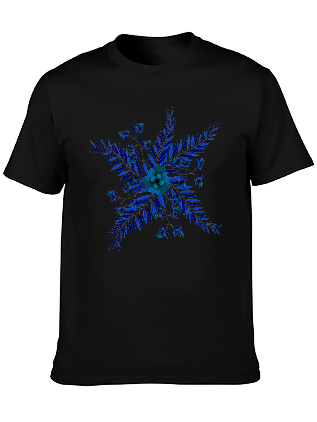 Blue Floral Print Black T-Shirt