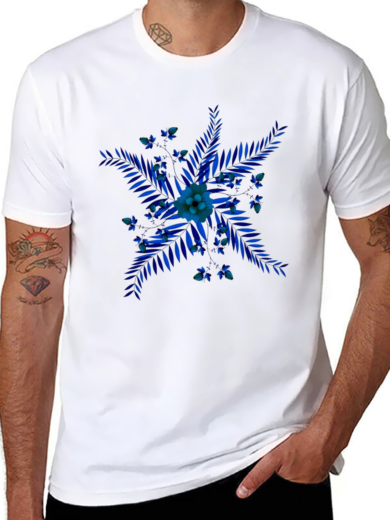 Blue Floral Print Black T-Shirt