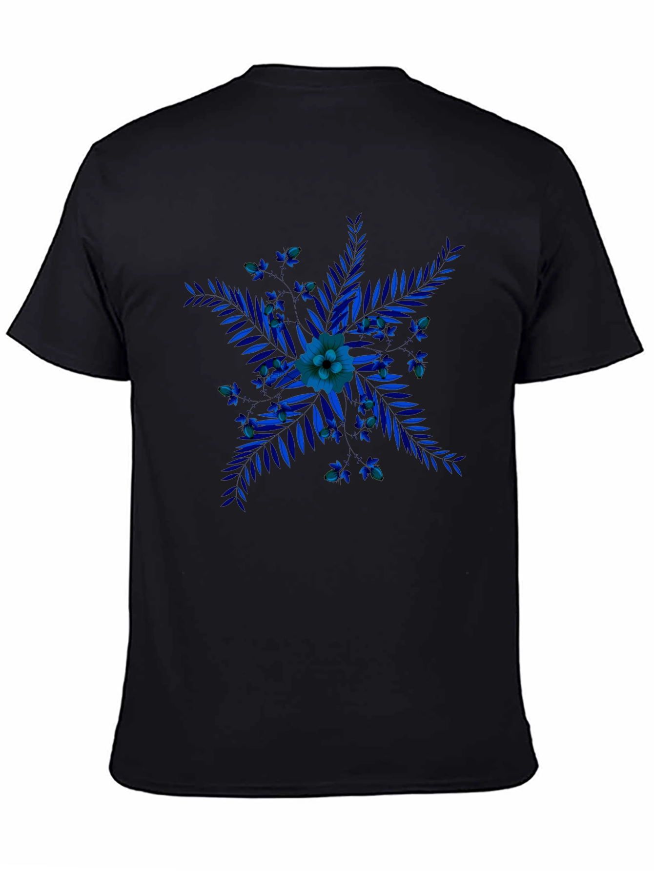 Blue Floral Print Black T-Shirt