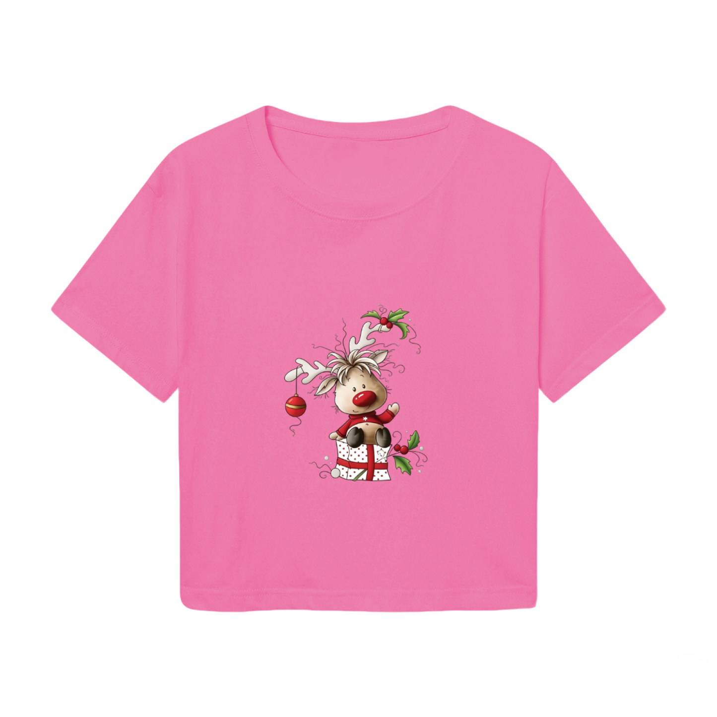 Cute Fluffy Reindeer In Gift Box Pink Christmas Women Cropped T?Shirt