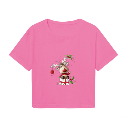 Cute Fluffy Reindeer In Gift Box Pink Christmas Women Cropped T?Shirt