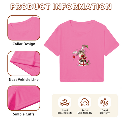 Cute Fluffy Reindeer In Gift Box Pink Christmas Women Cropped T?Shirt