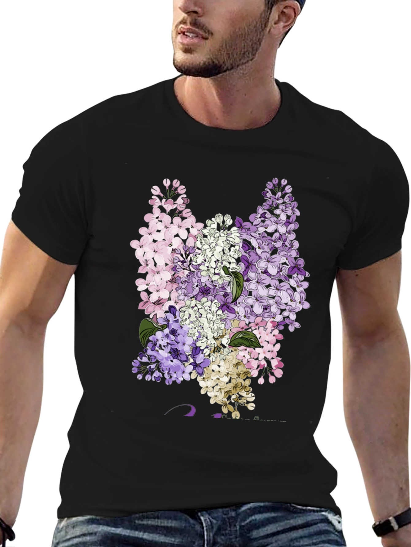 Floral Lilac Print Black T-Shirt