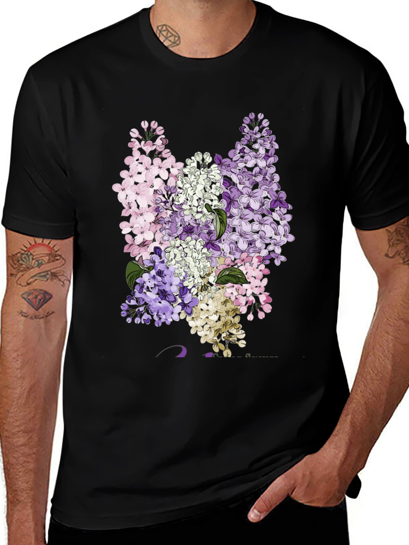 Floral Lilac Print Black T-Shirt