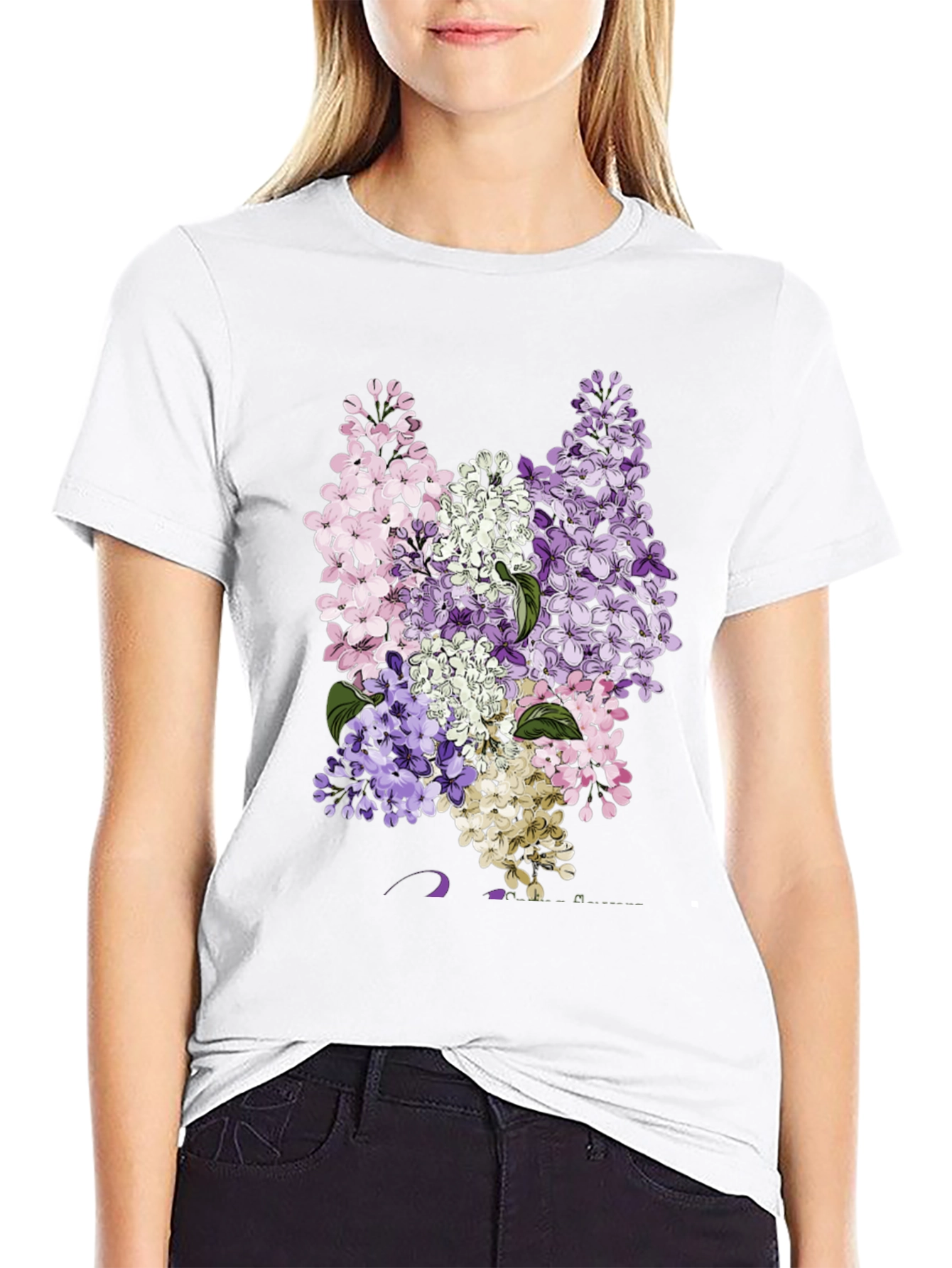 Floral Lilac Print Black T-Shirt