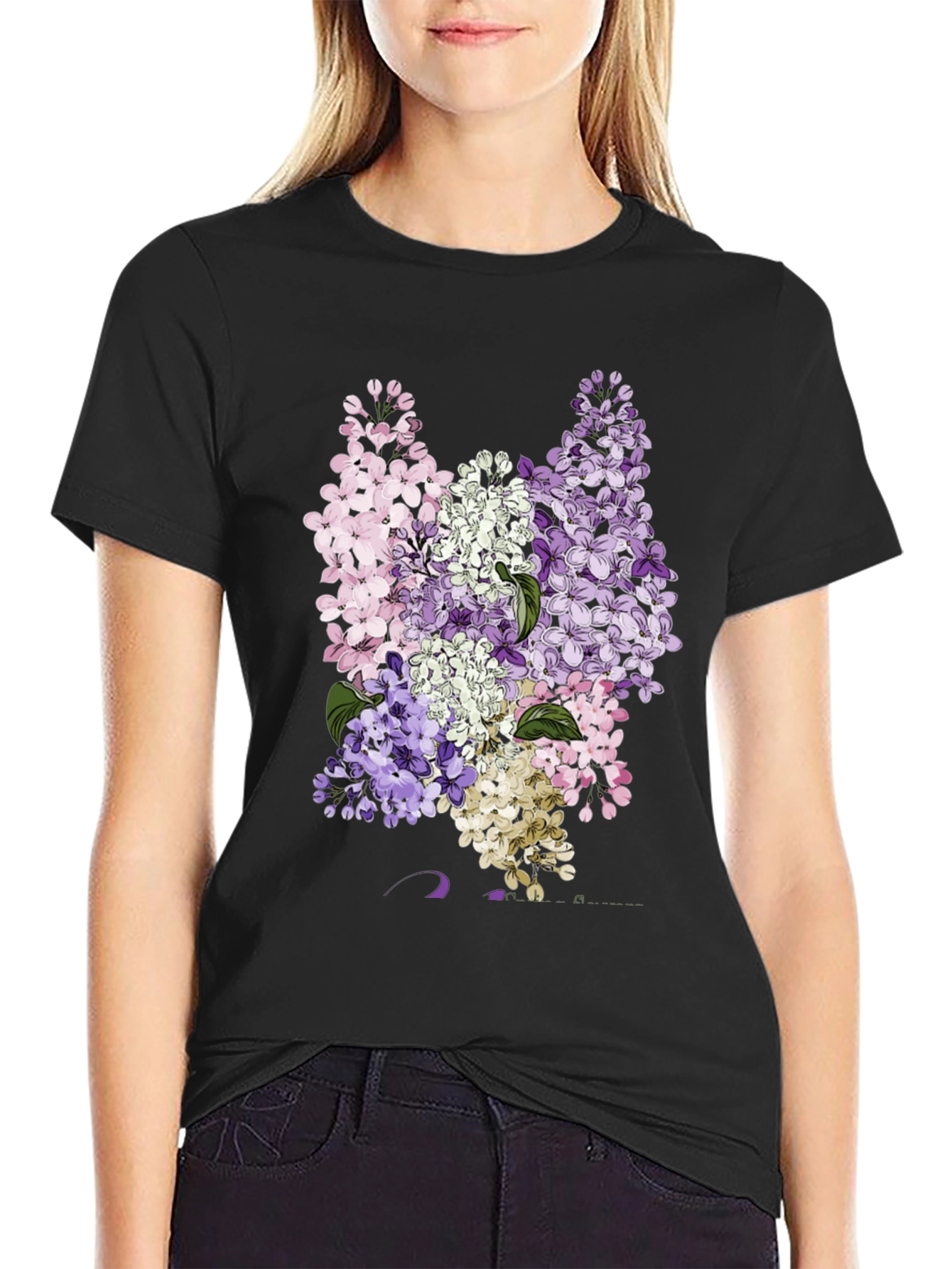 Floral Lilac Print Black T-Shirt