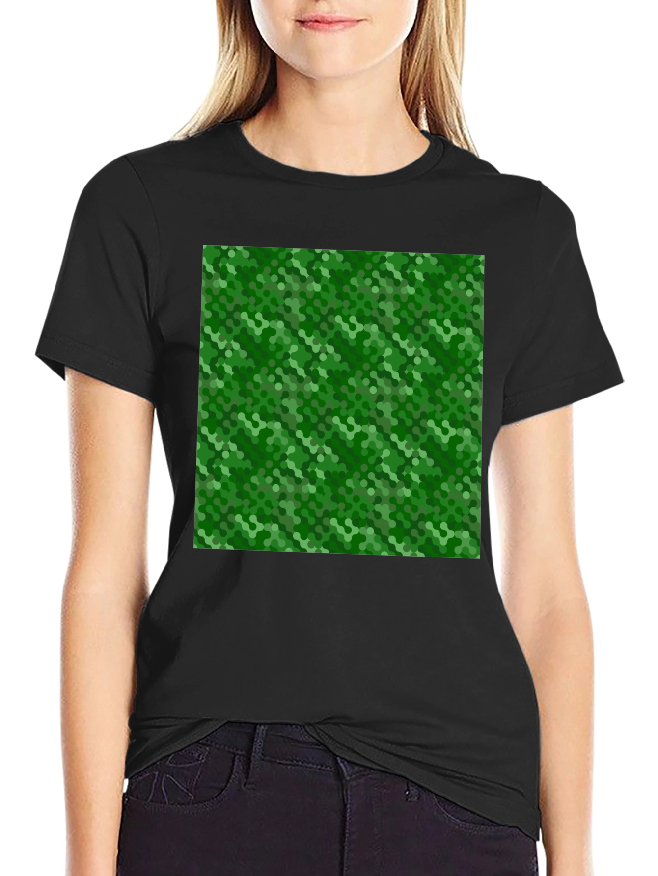 Green Hexagon Pattern Black T-Shirt