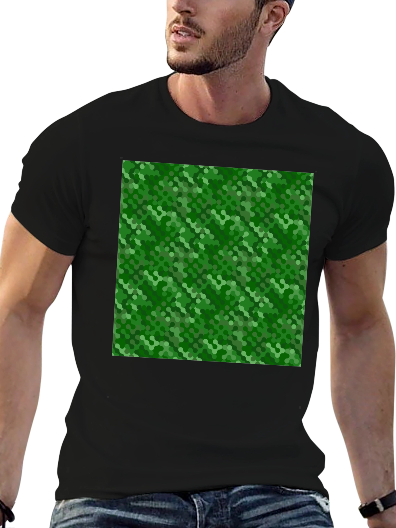 Green Hexagon Pattern Black T-Shirt
