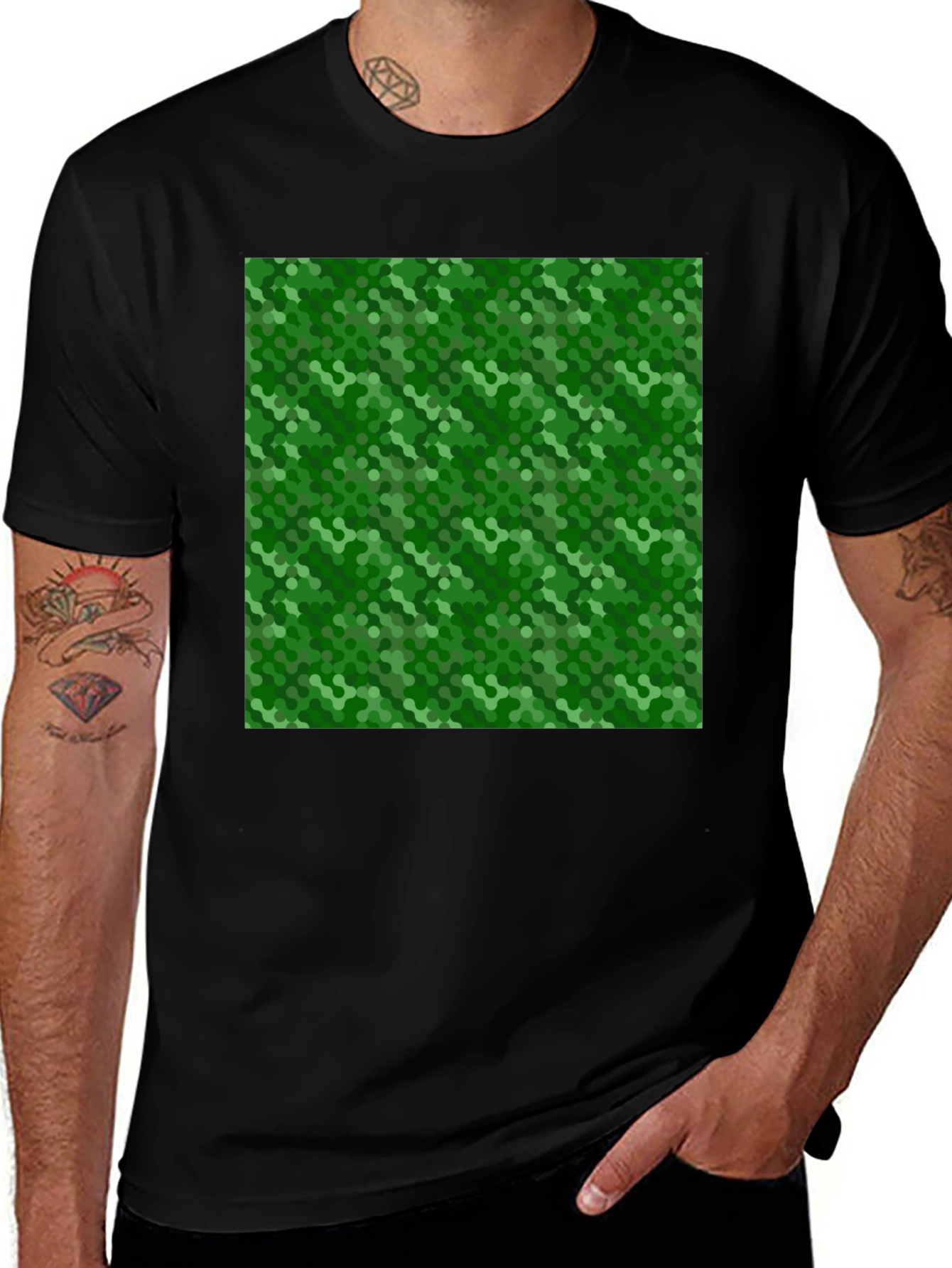 Green Hexagon Pattern Black T-Shirt