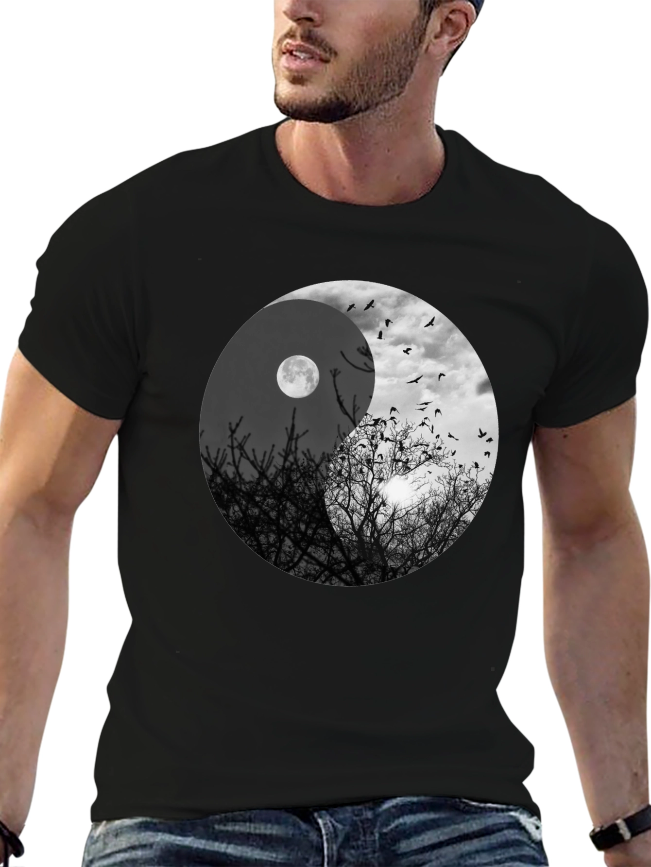 Yin Yang Moon & Birds Graphic T-Shirt