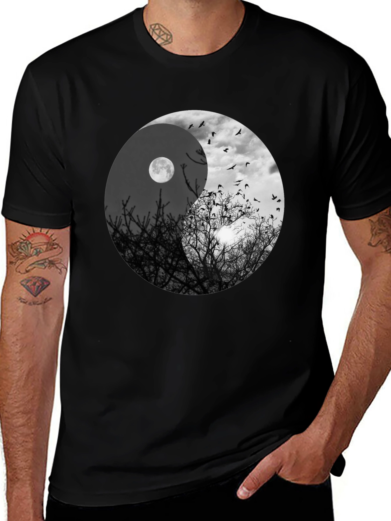 Yin Yang Moon & Birds Graphic T-Shirt