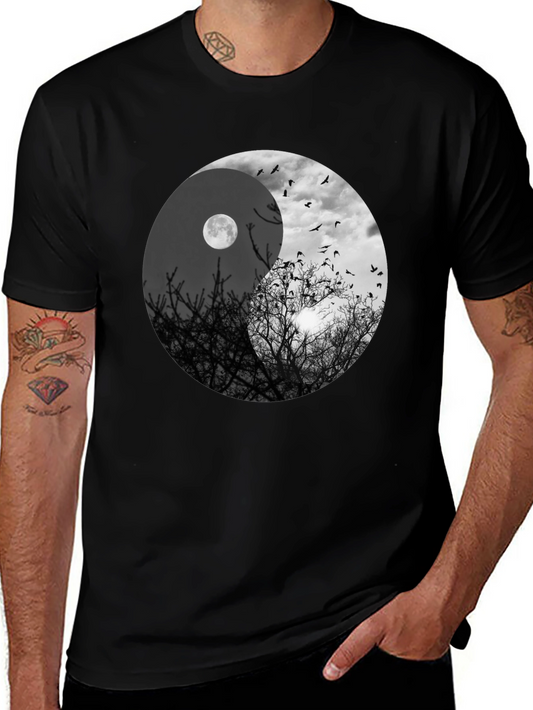 Yin Yang Moon & Birds Graphic T-Shirt