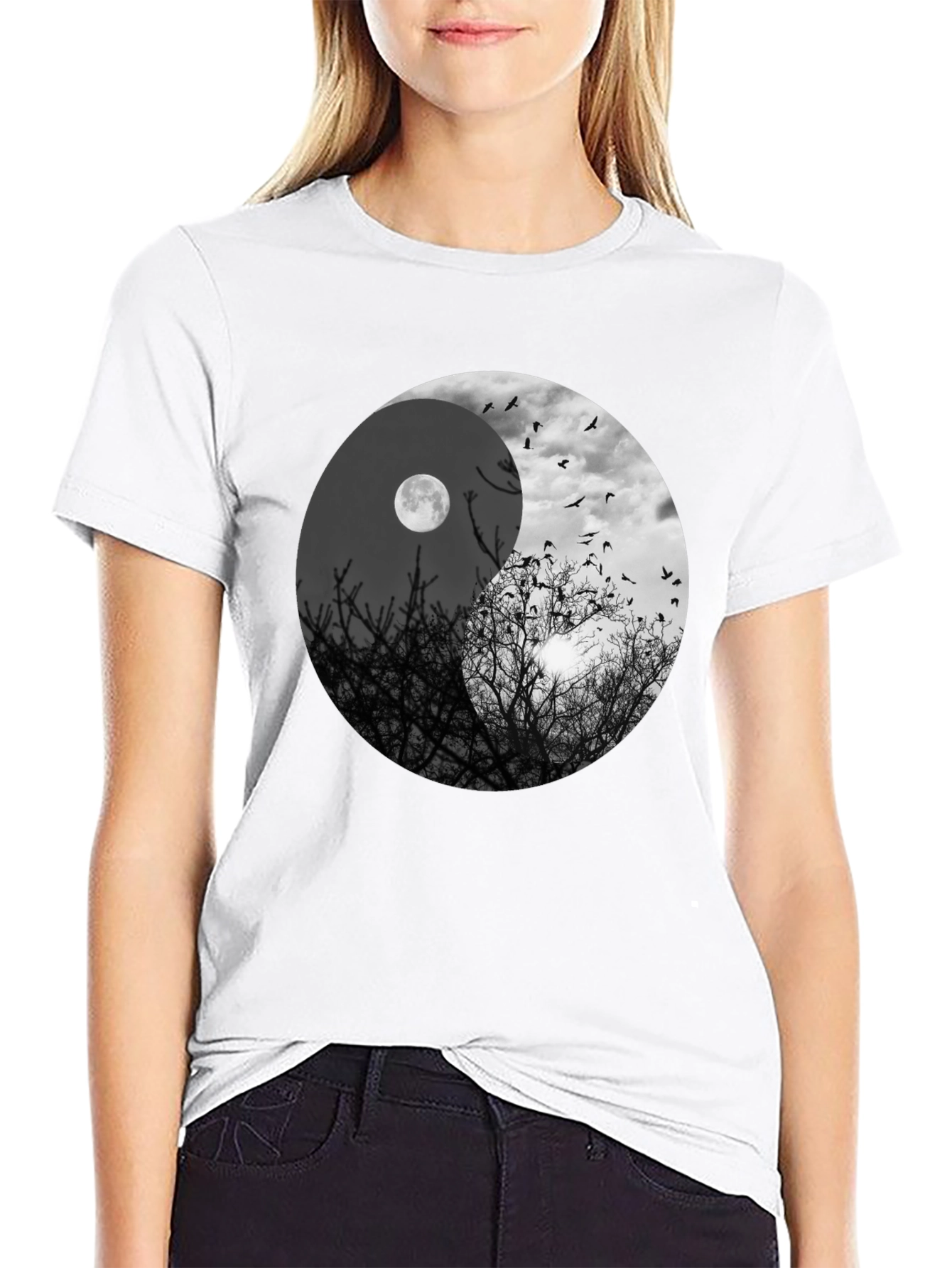 Yin Yang Moon & Birds Graphic T-Shirt