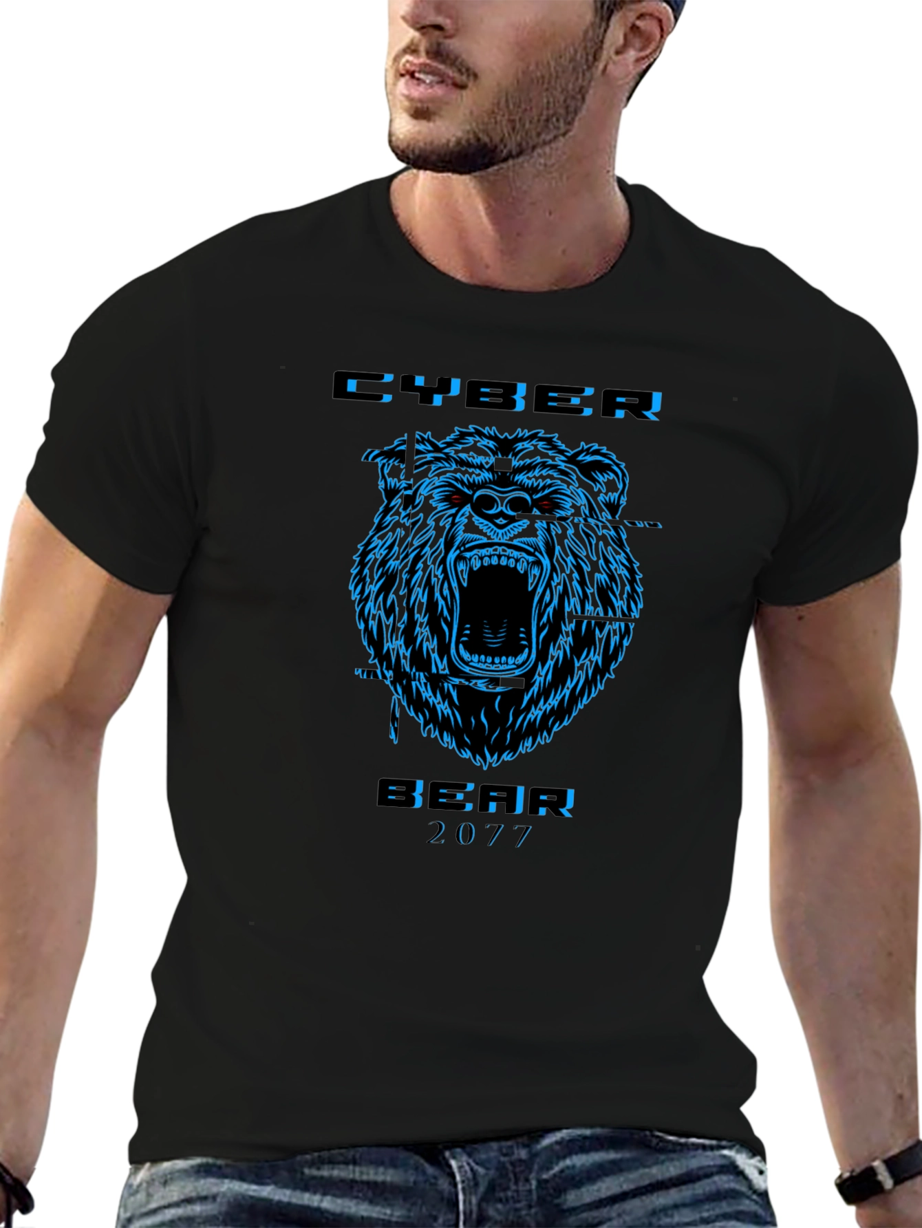 Cyber Bear 2077 Black Graphic T-Shirt