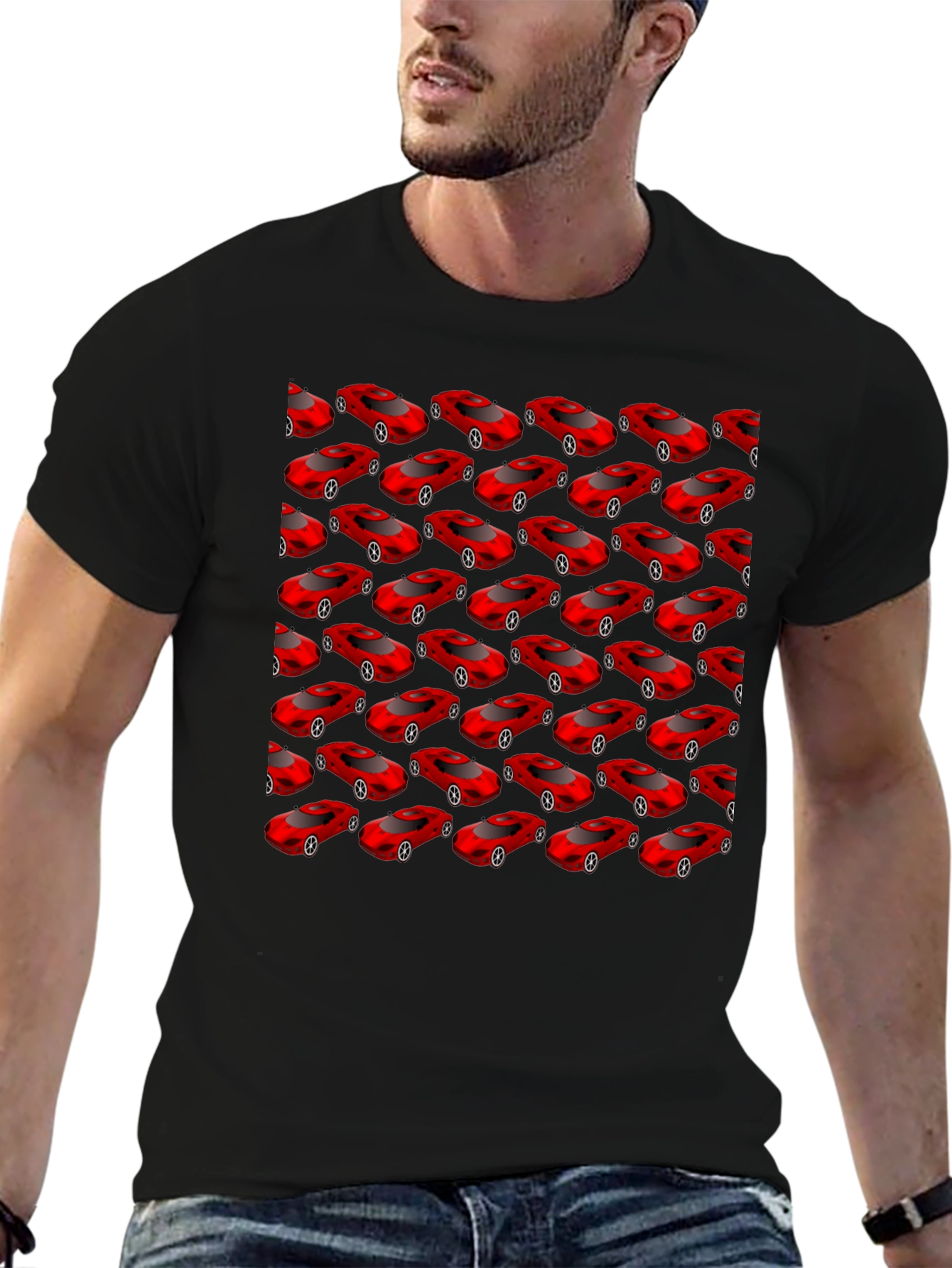 Mens Black T-Shirt with Red Car Pattern