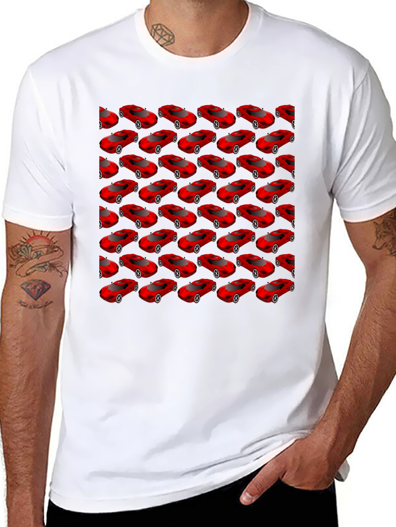Mens Black T-Shirt with Red Car Pattern