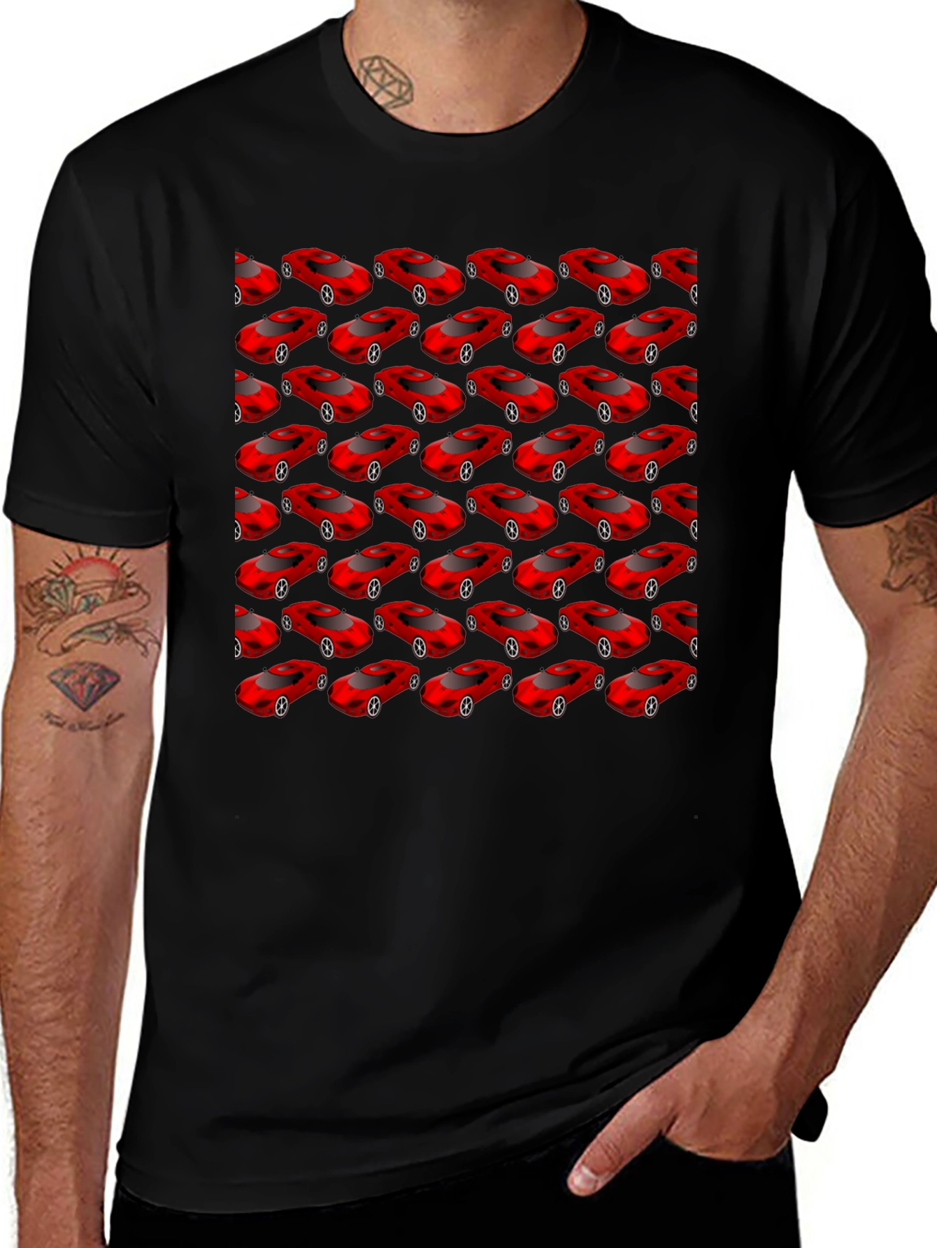Mens Black T-Shirt with Red Car Pattern