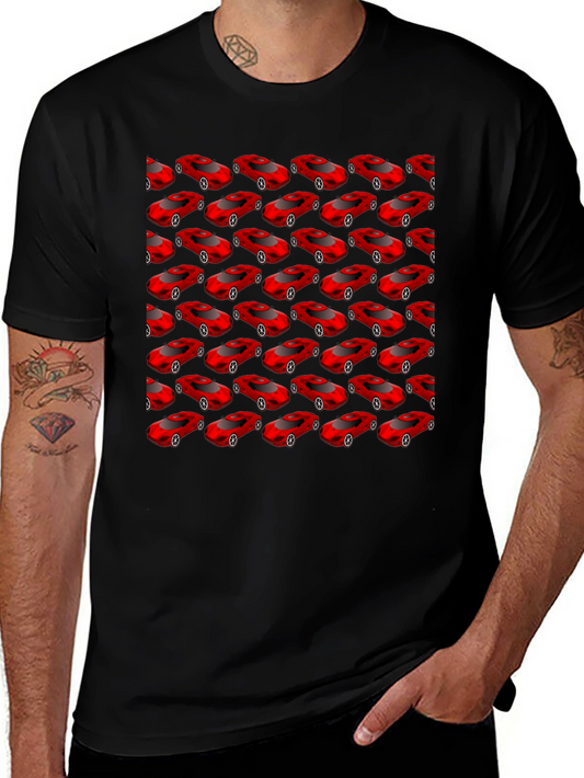 Mens Black T-Shirt with Red Car Pattern
