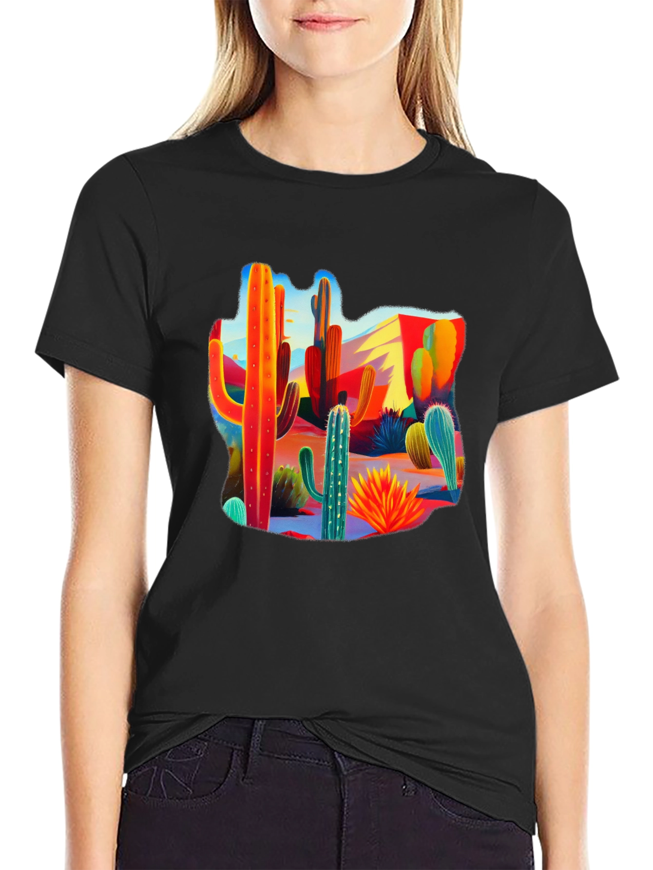 Desert Cactus Print Crew Neck Tee