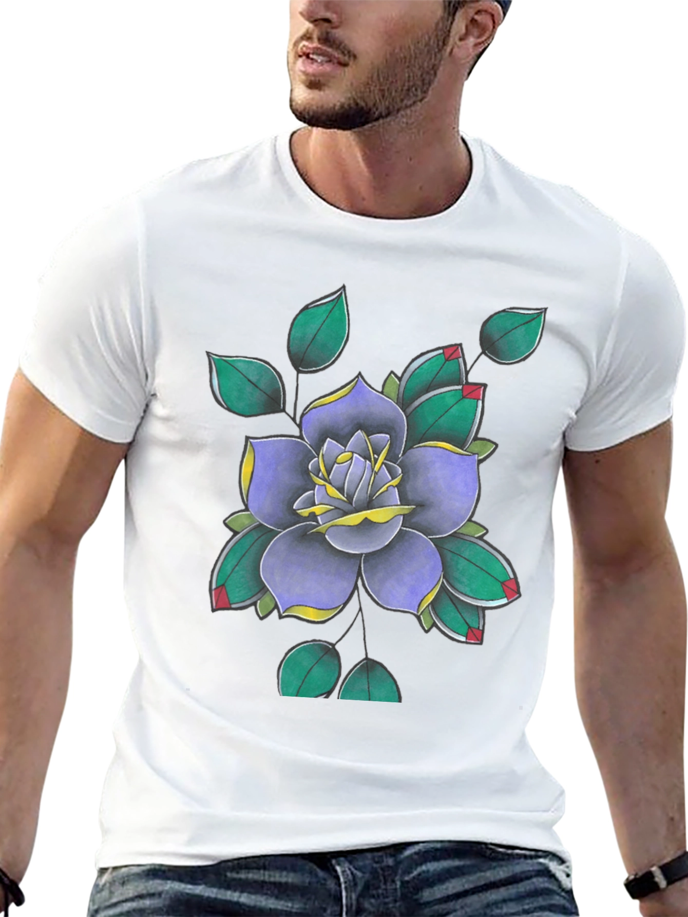 Floral Tattoo Art Print Black T-Shirt