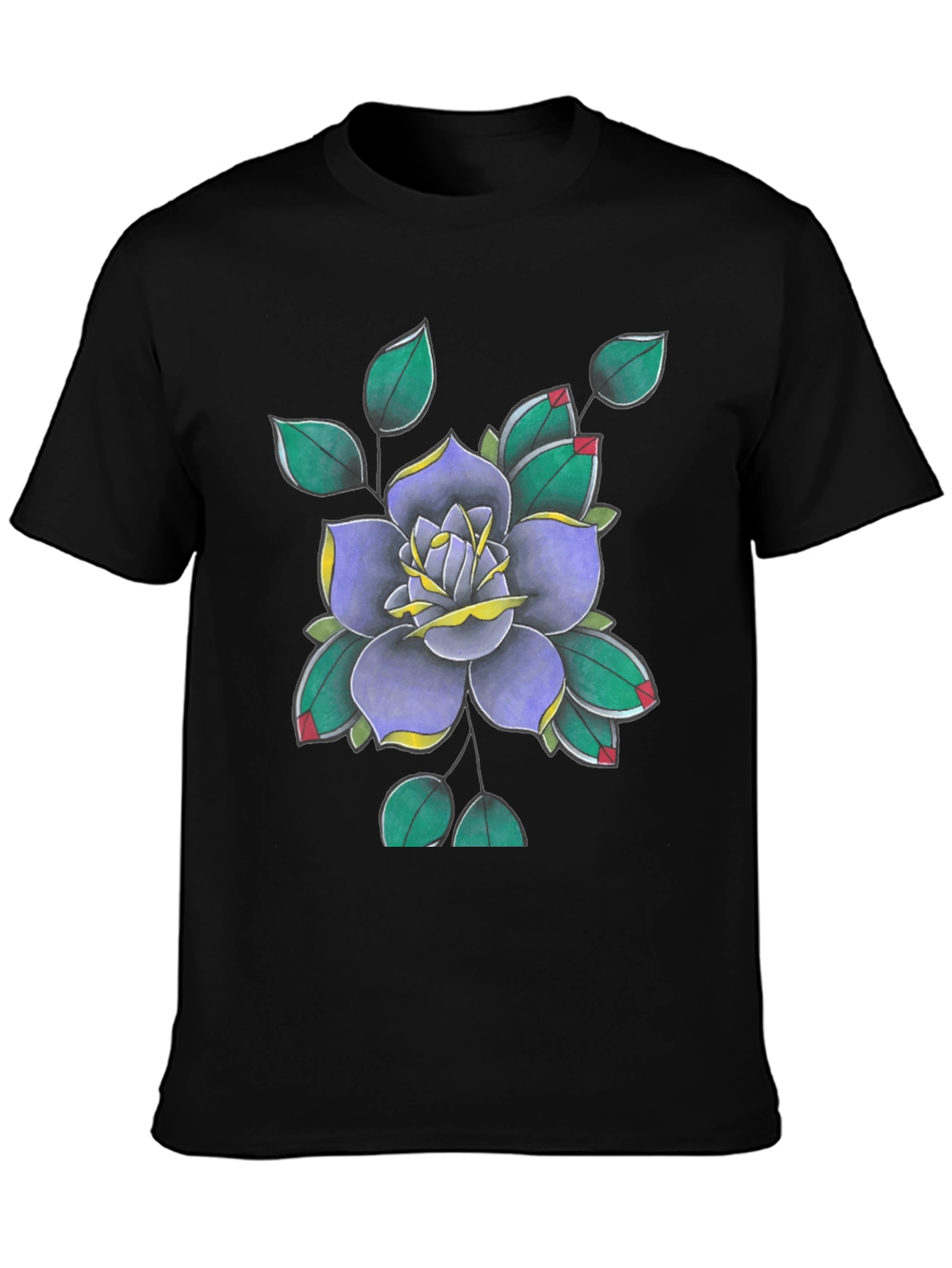 Floral Tattoo Art Print Black T-Shirt