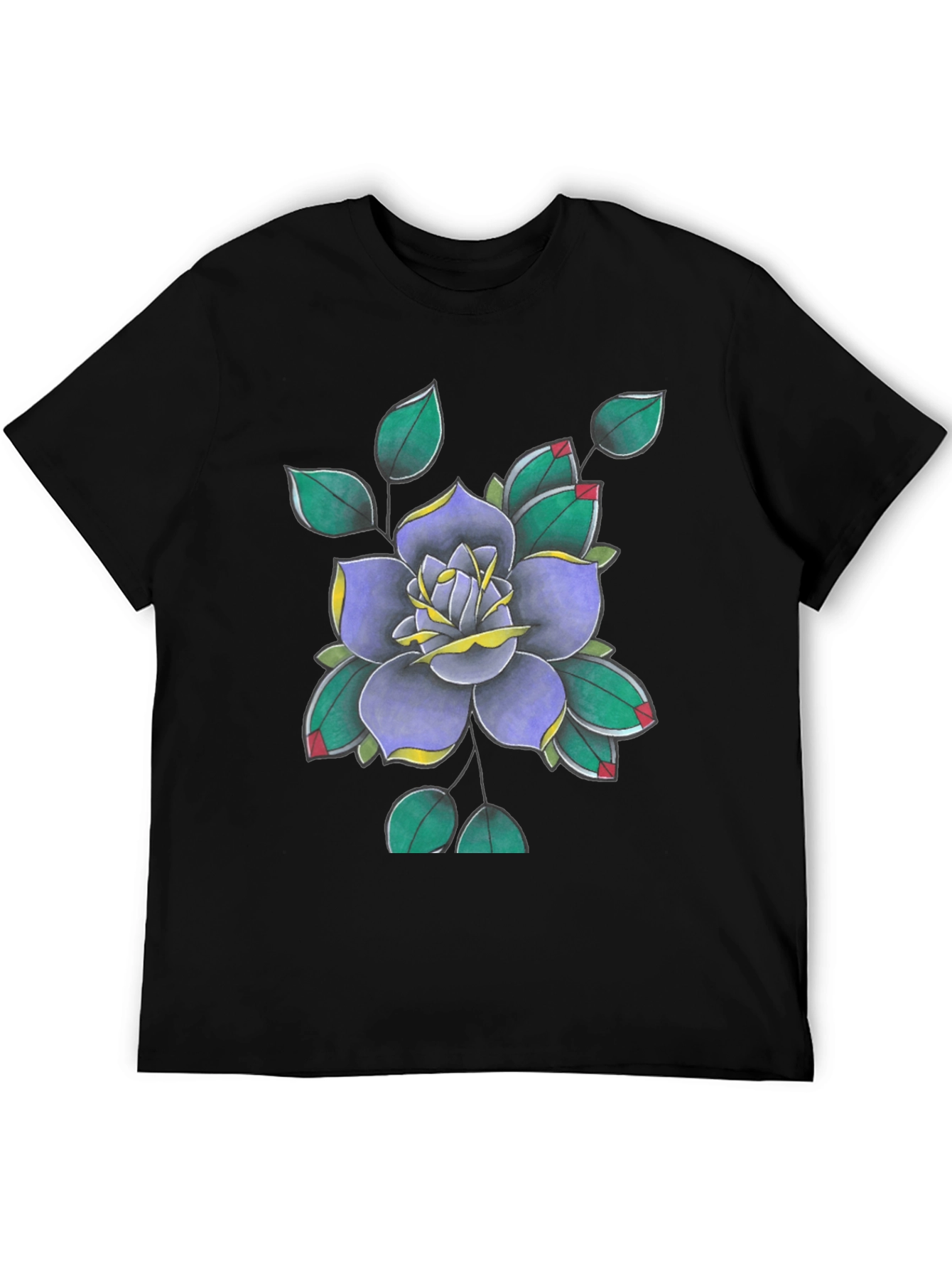 Floral Tattoo Art Print Black T-Shirt