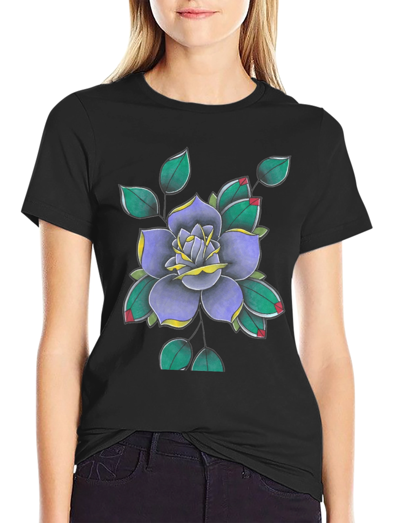 Floral Tattoo Art Print Black T-Shirt