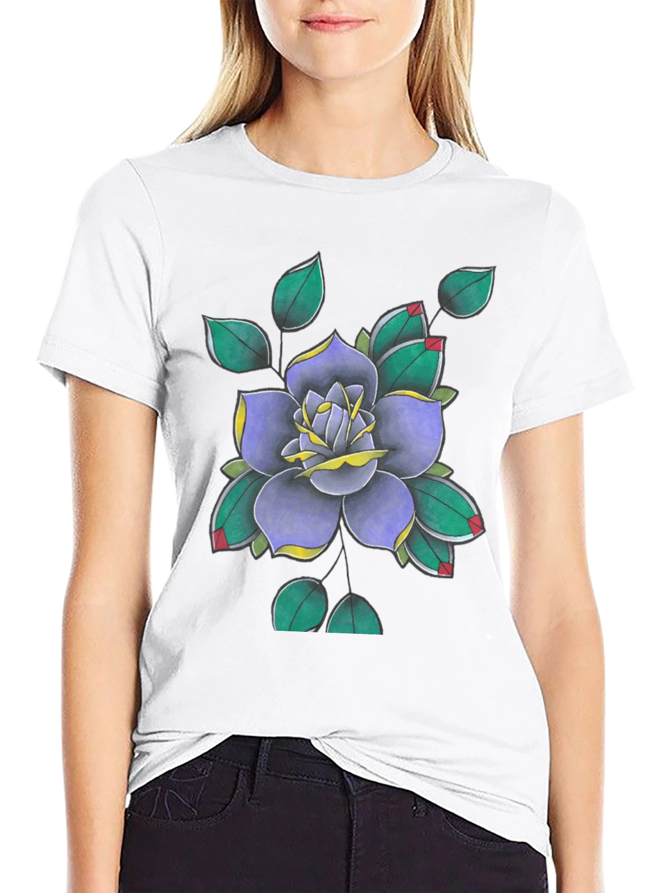 Floral Tattoo Art Print Black T-Shirt