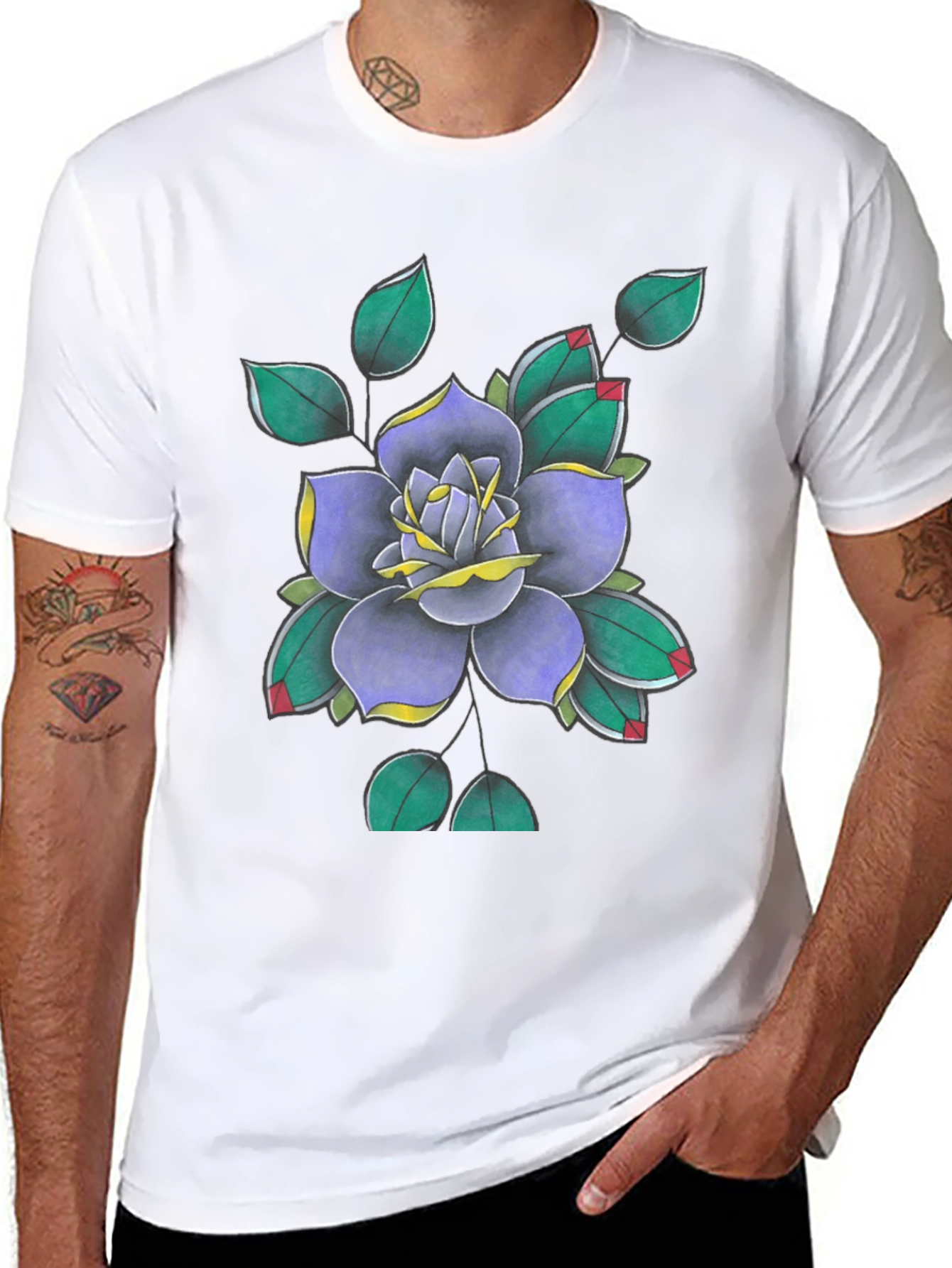 Floral Tattoo Art Print Black T-Shirt