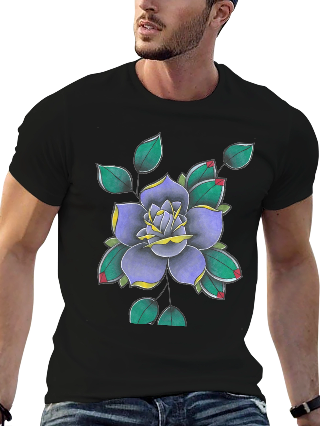 Floral Tattoo Art Print Black T-Shirt