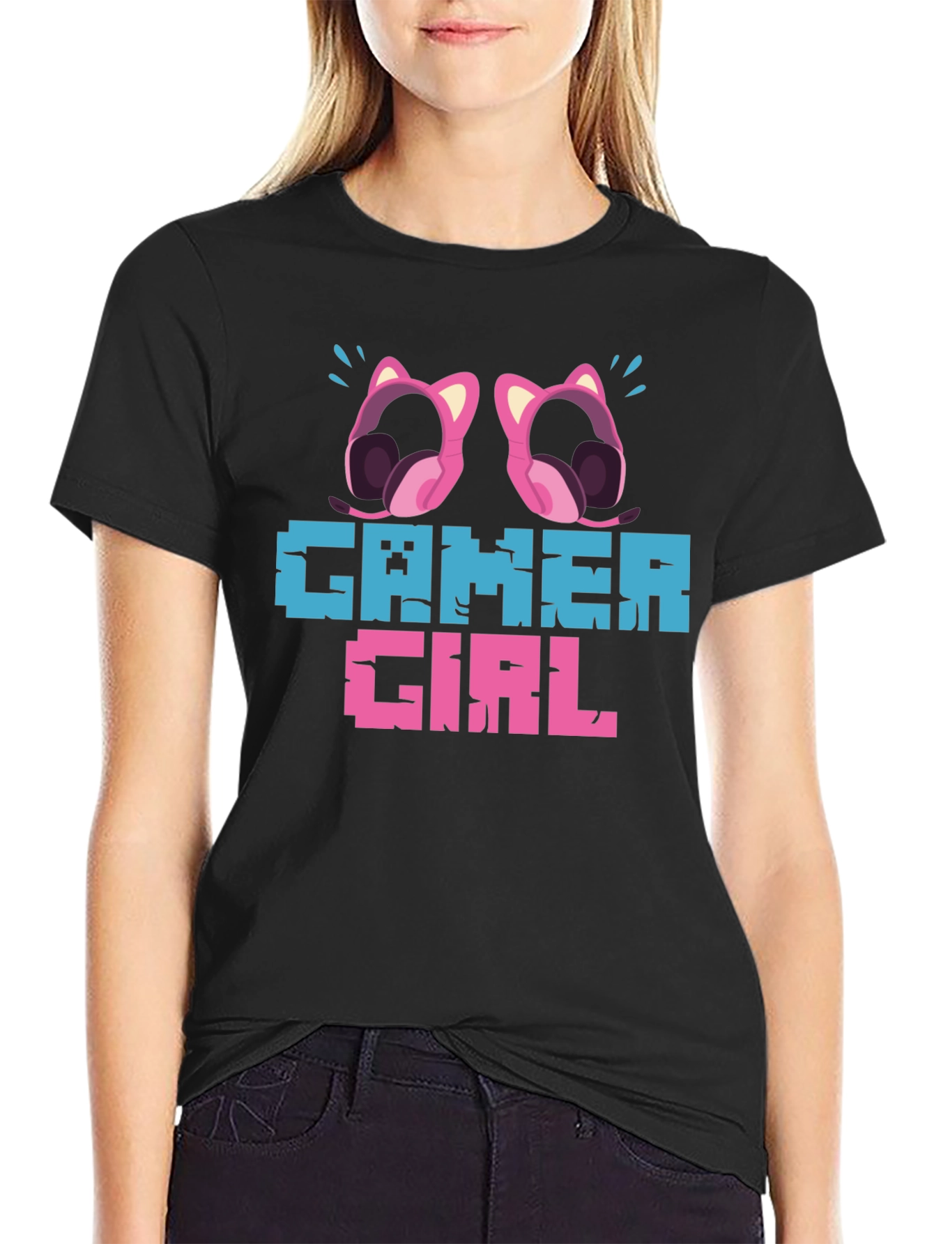 Gamer Girl Pixel Art Black T-Shirt