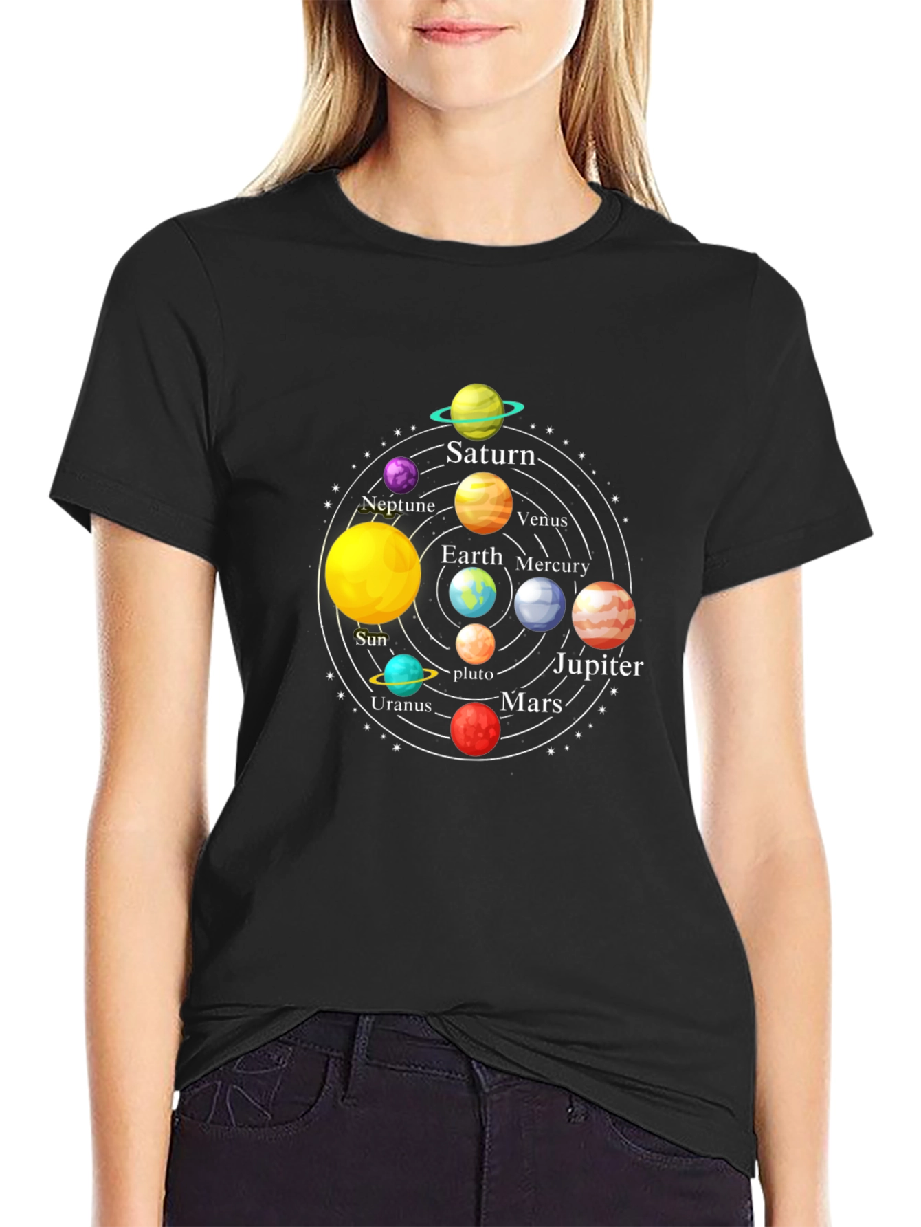 Solar System Planet Graphic Print Black T-Shirt