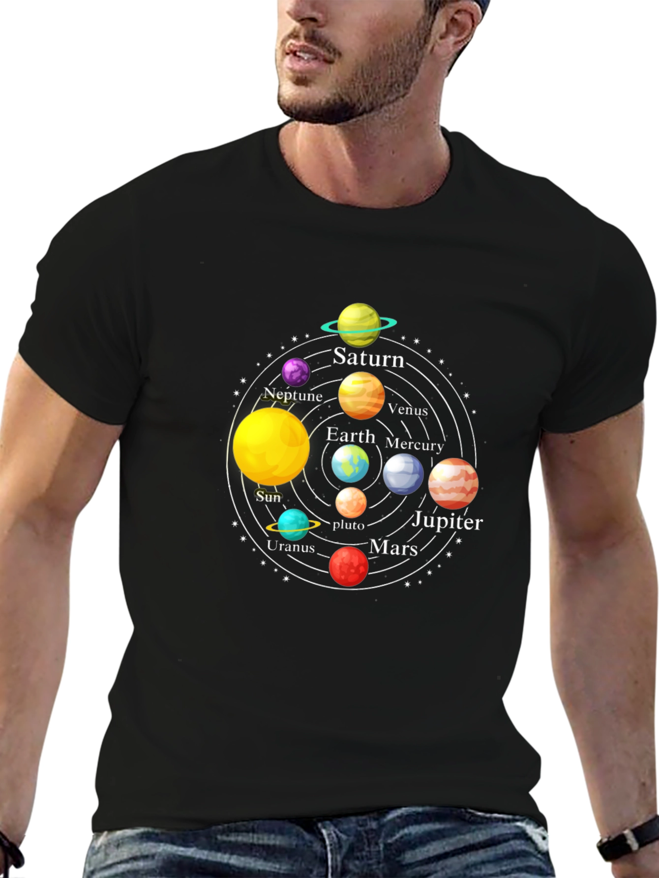 Solar System Planet Graphic Print Black T-Shirt