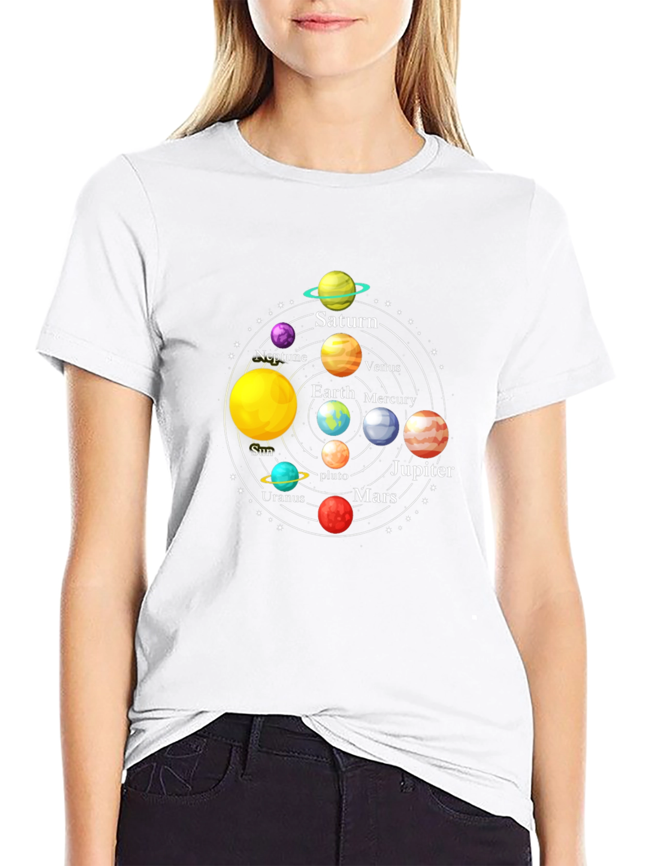 Solar System Planet Graphic Print Black T-Shirt