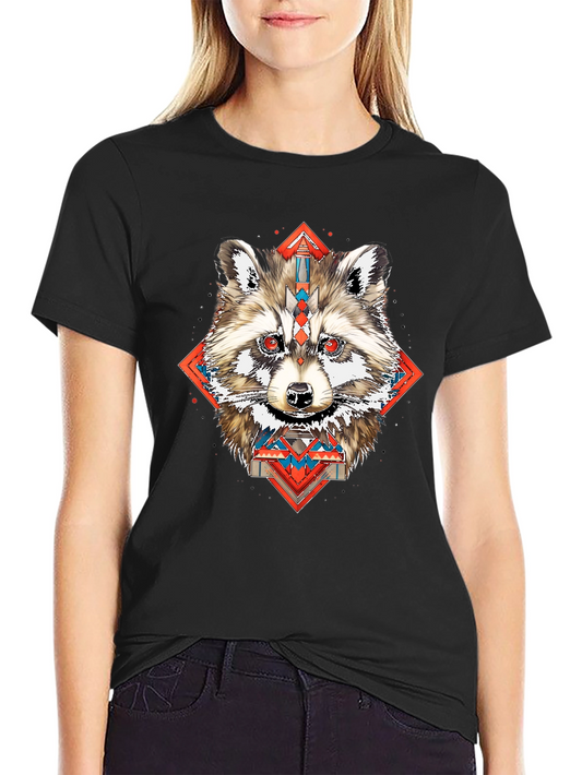 Raccoon Geometric Print Black T-Shirt