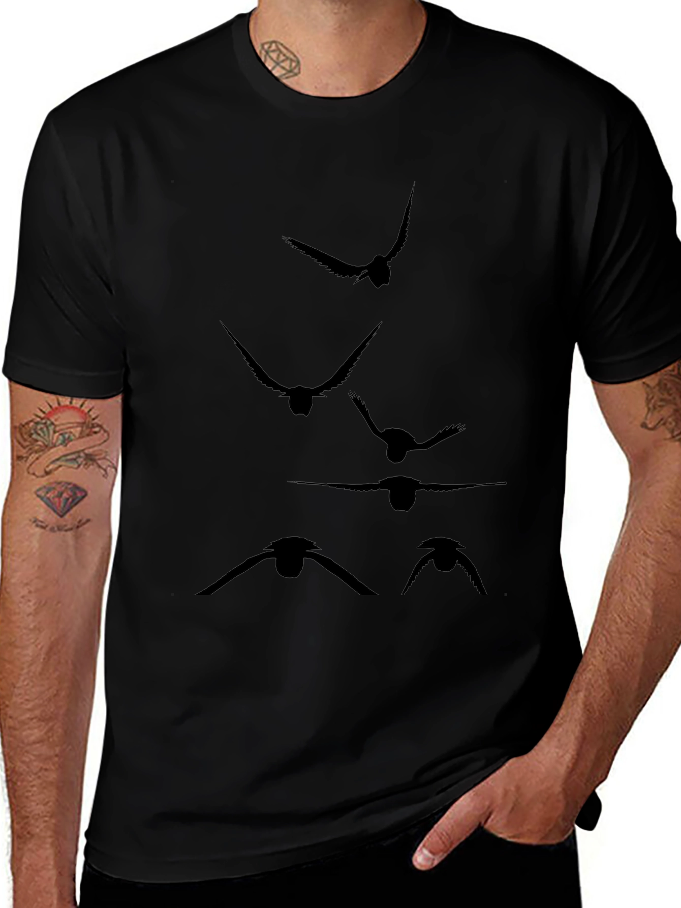 Mens Black T-Shirt with Flying Bird Silhouette Design