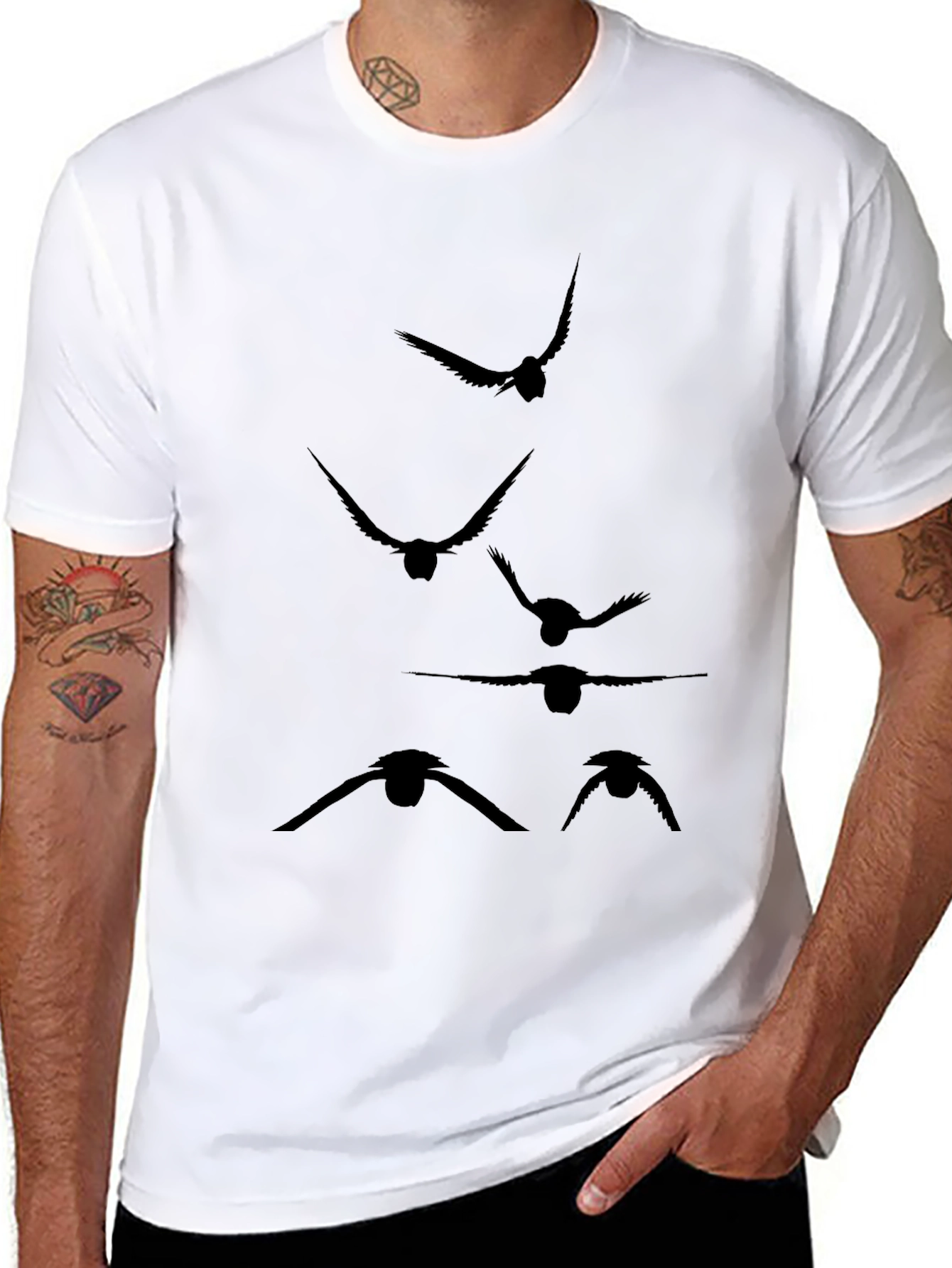Mens Black T-Shirt with Flying Bird Silhouette Design