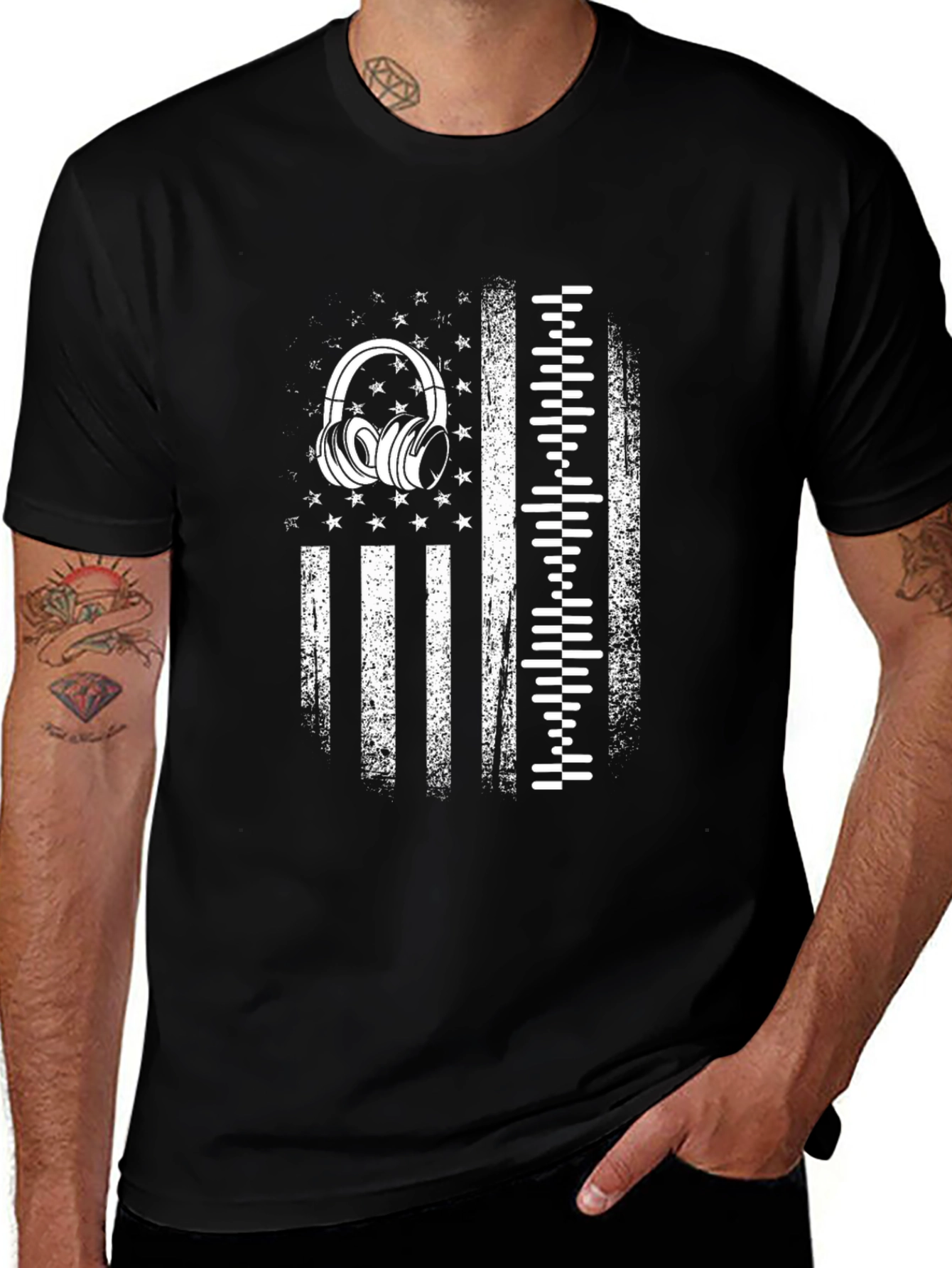 Distressed USA Flag Headphones Graphic Tee