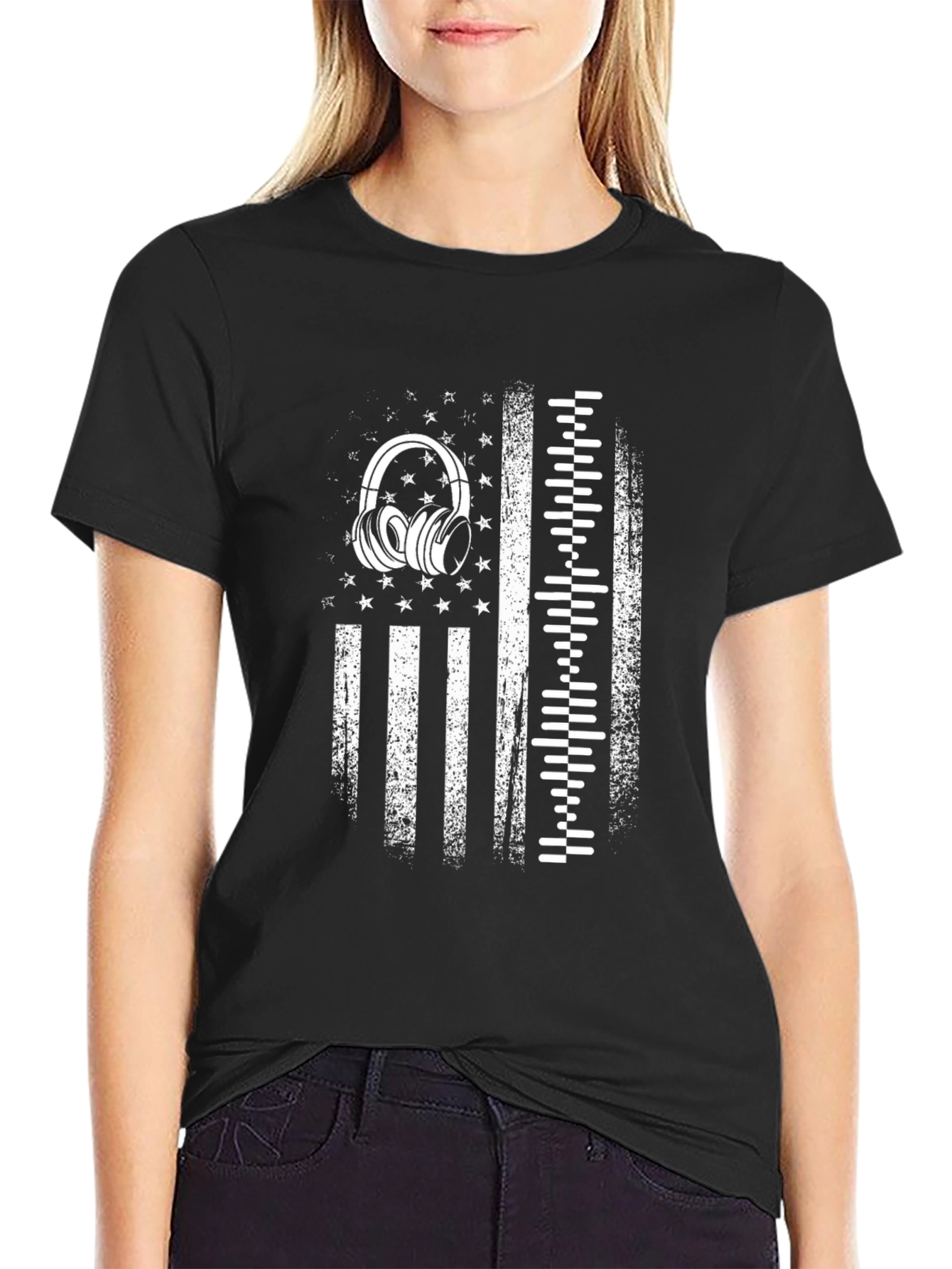 Distressed USA Flag Headphones Graphic Tee