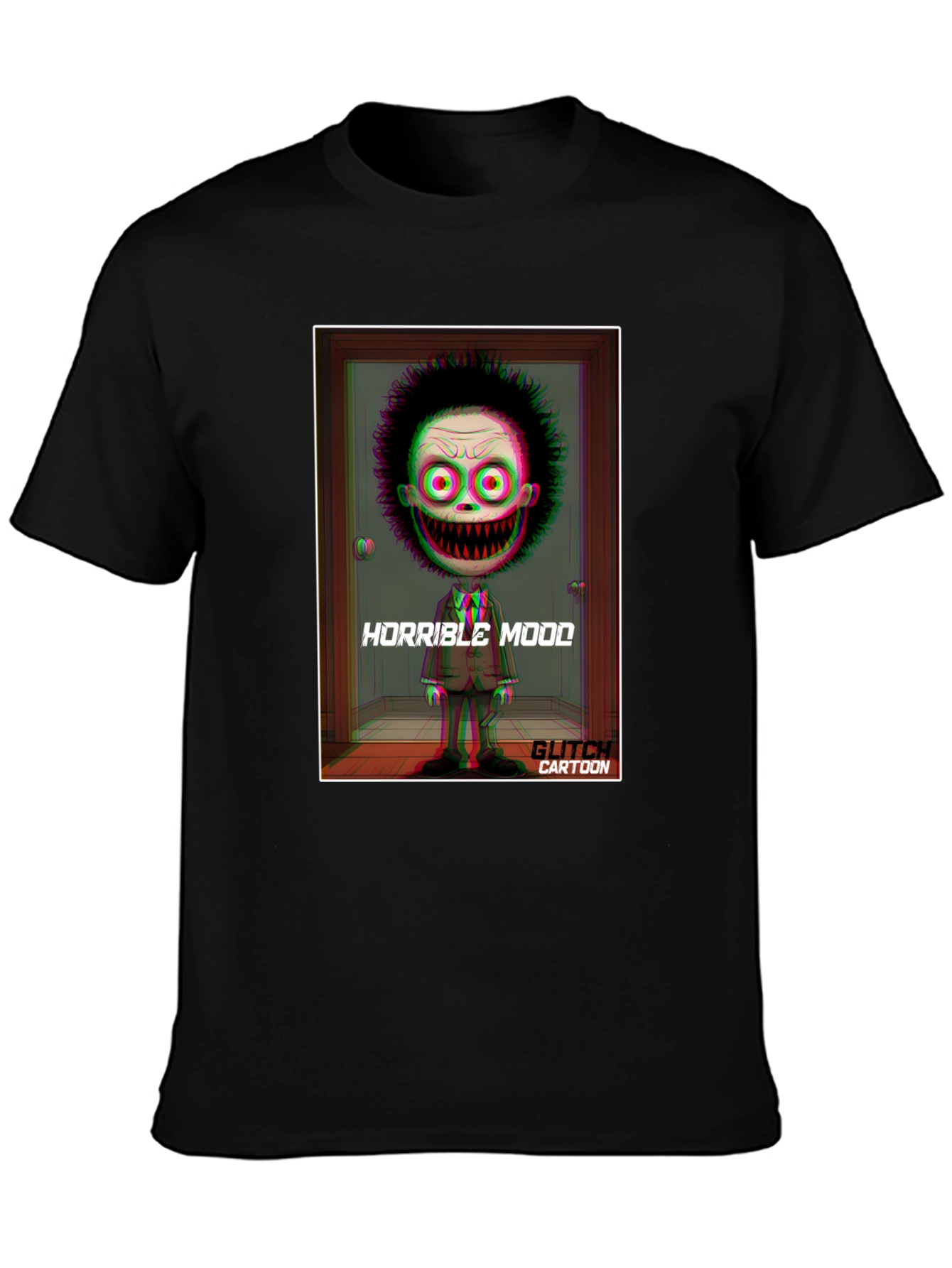 Horrible Mood Glitch Cartoon Black T-Shirt
